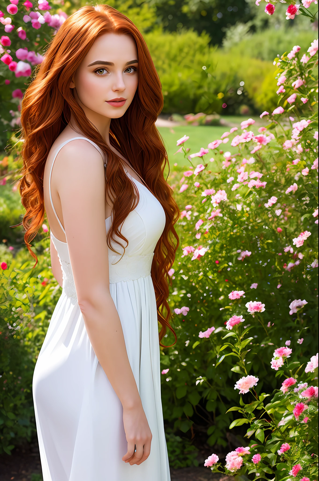 Portrait of a woman with flowing red hair wearing a white dress in a French garden, cinematic photography, cinematic light, 8k, hyper realistic, hyper detailed, beautiful, golden hour
