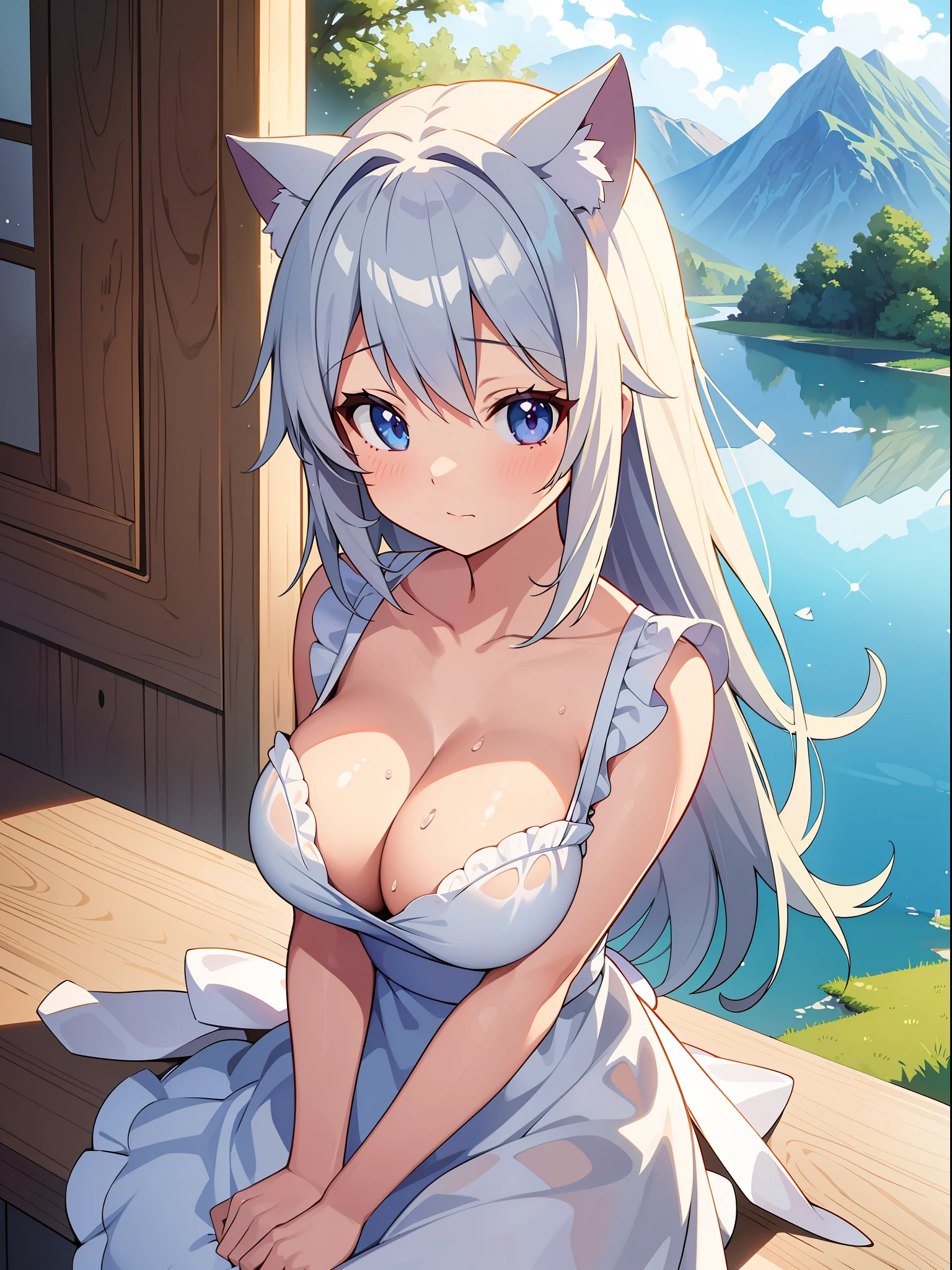 (Masterpiece), (Best Quality Anime Illustration), (Super Definition), One Girl, Solo, Beautiful Girl with Silver Hair, Anime Loli, Cat Ear Loli, Naked Apron, Heart-shaped hole on chest, Cleavage, Wet and see-through, Cottage with mountain and lake view