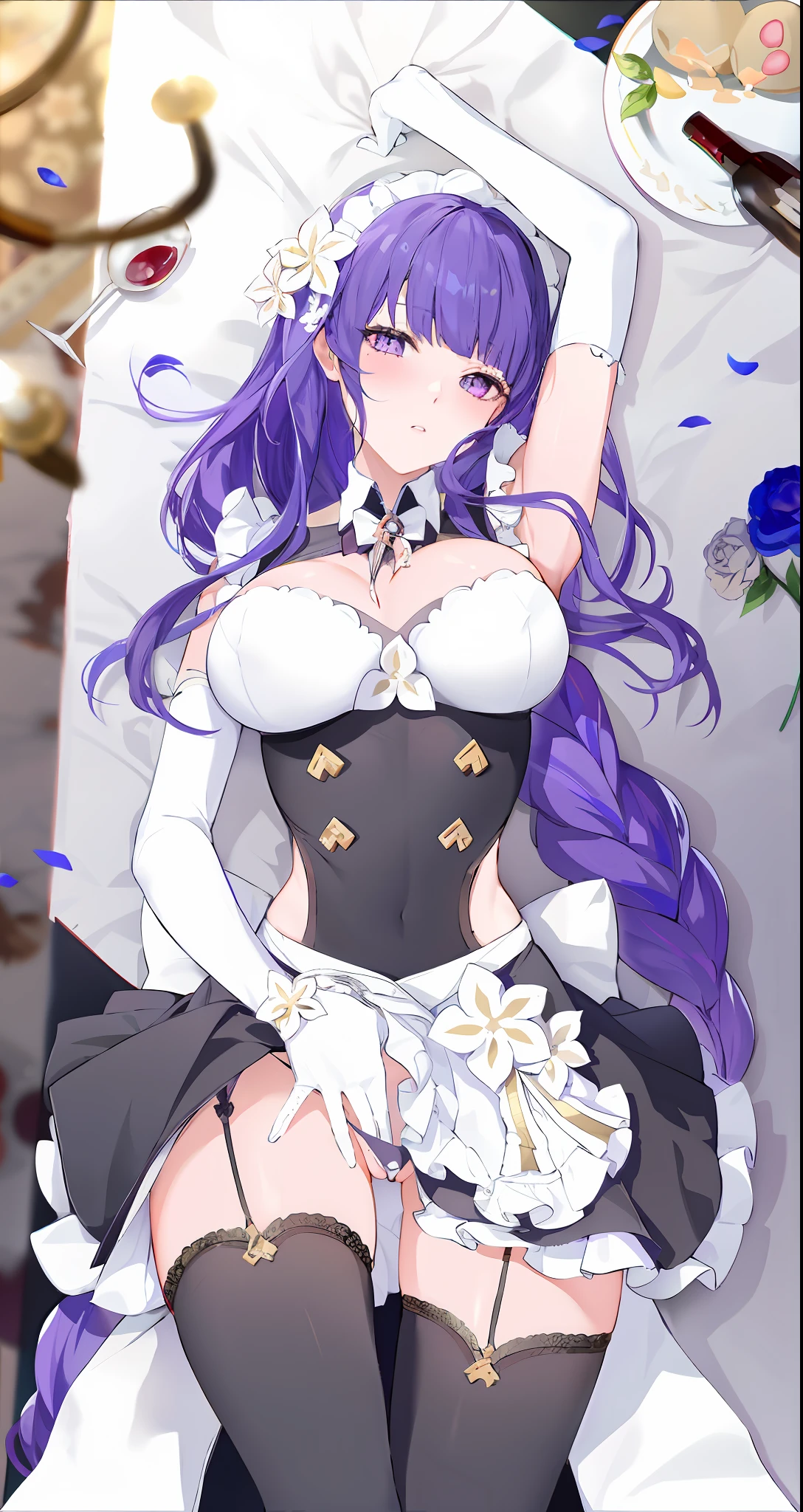 anime character with purple hair and white dress laying on a bed, ayaka genshin impact, shalltear from overlord, marin kitagawa fanart, from the azur lane videogame, azur lane style, cute anime waifu in a nice dress, cushart krenz key art feminine, characters from azur lane, anime goddess, royal elegant pose, genshin