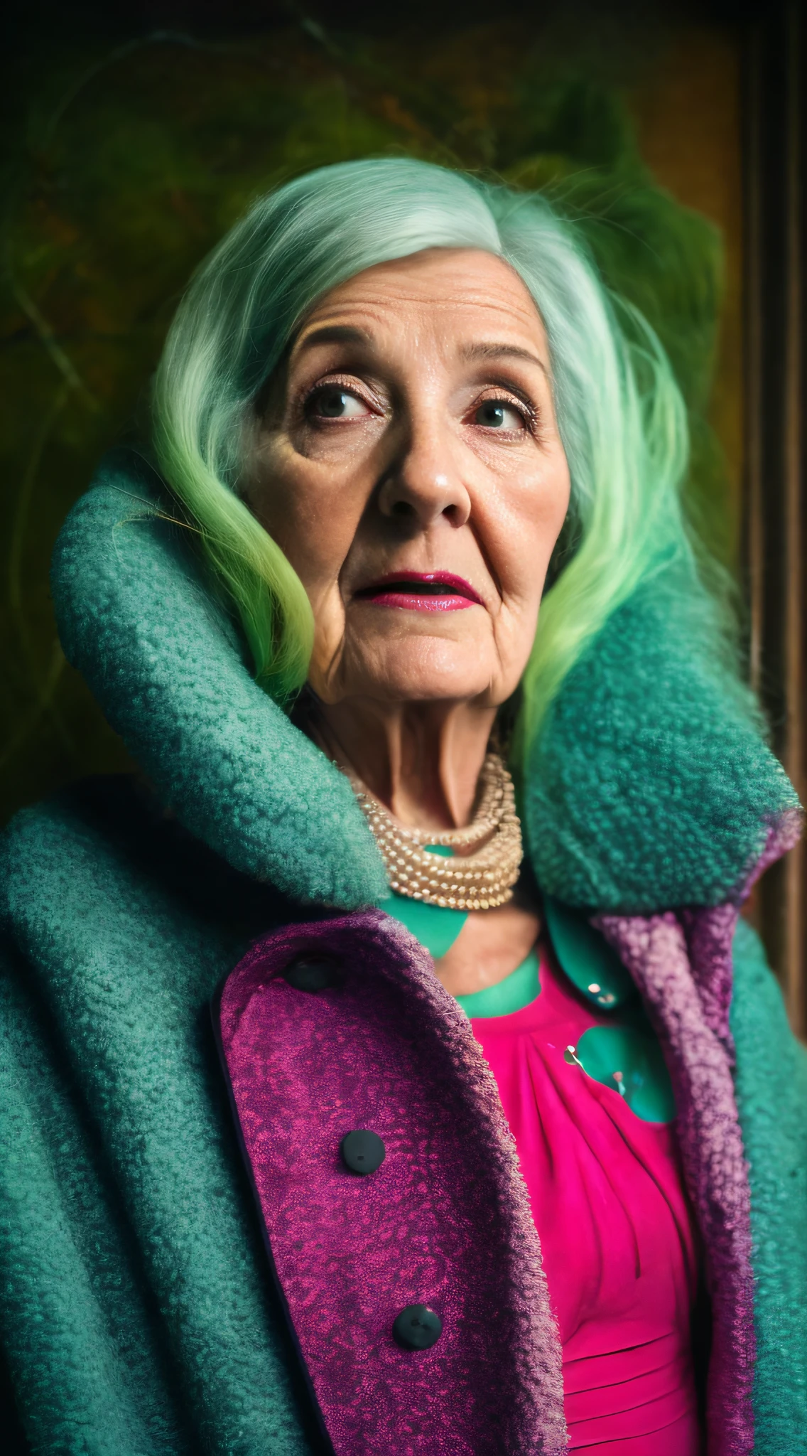 Wide angle, RAW photo, surreal image of an old woman in green coat and pink wig in front of a colorful wall with fungi, inspired by the From series, complex background, portrait of the mermaid queen, beautiful face, covered in fungi (highly detailed skin: 1.2), 8k uhd, dslr, soft lighting, high quality, film grain, photographed with a Canon EOS 5D camera