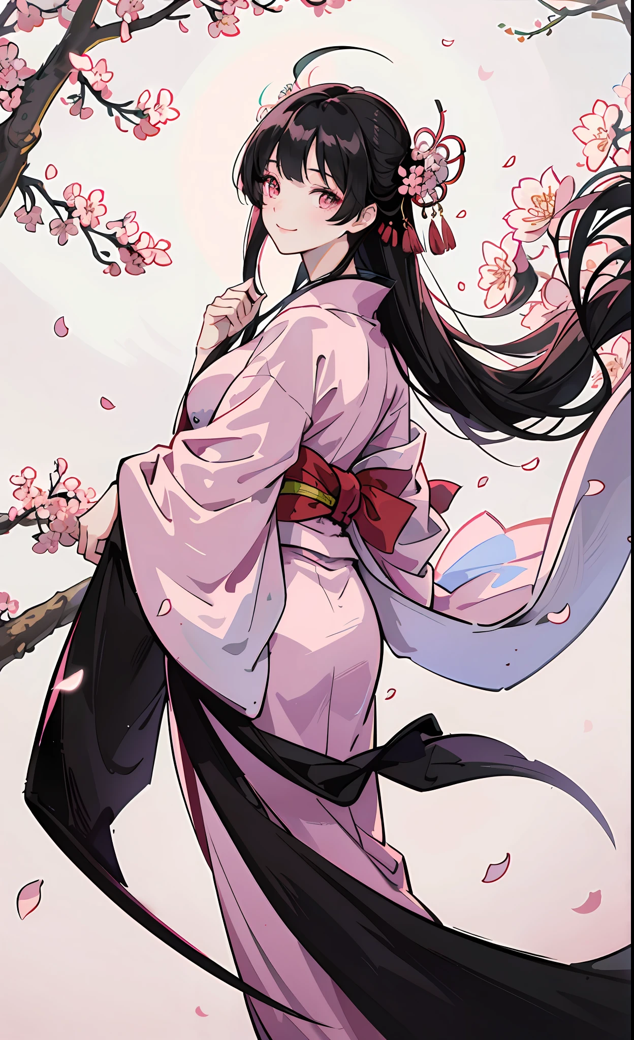 , black hair, floating hair, delicate eyes, hazel pupils, heroine, white and pink kimono, hagoromo, FOV, f1.8, masterpiece, complex scene, gorgeous portrait shot, cherry blossom background, full body, smile, intelligent, moonlit night,