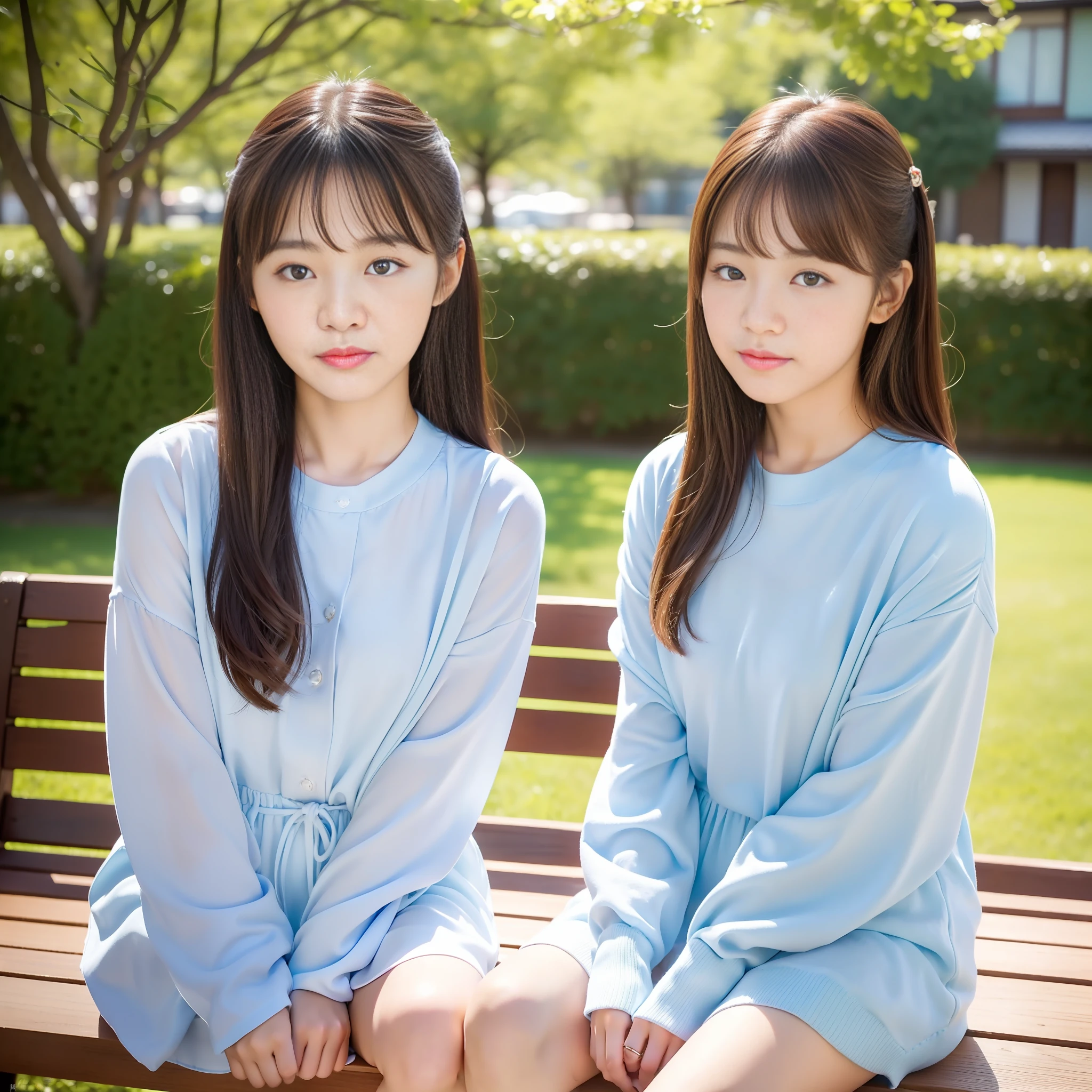 ((最高品質、8k、傑作))、(japanese girl sitting on a bench in front of her house, gorgeous young Korean girl, beautiful Korean girl, beautiful and young Korean girl, Korean girl, Ulsan, young and adorable Korean girl's face, Nara Yoshitomo, young and cute one Asian girl's face, Sakumi-chan, beautiful Asian girl, cute and delicate