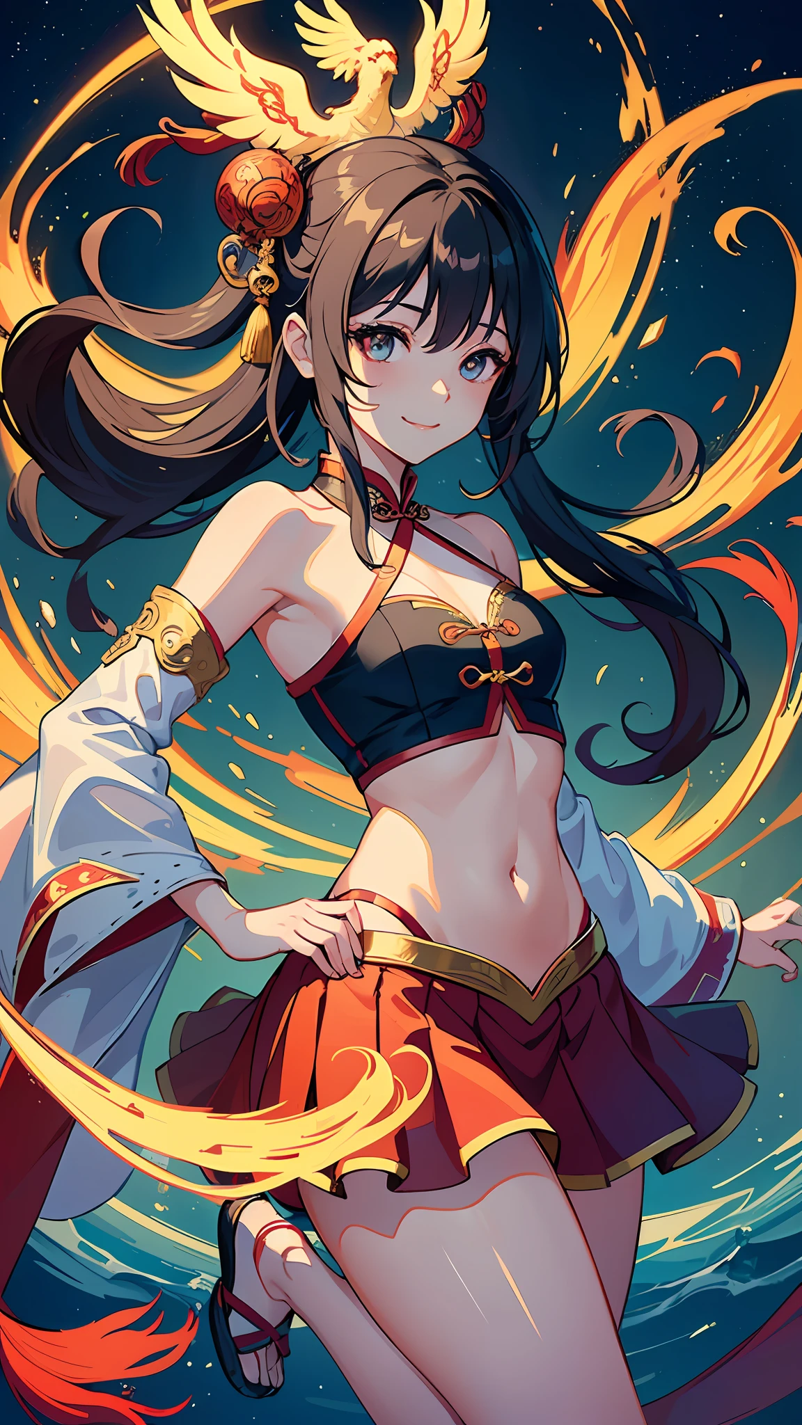 Official Art, Unified 8K Wallpapers, Ultra Detailed, Beautiful and Aesthetic, Masterpiece, Best Quality, (Zentangle, Tangle, Entangle), (fractal art: 1.4), 1girl, black hair, Chinese, bare shoulders, short skirt, calf, navel, very detailed, dynamic angle, cowboyshot, (most beautiful form chaos), flowing, (bright colors), oc, (half: 1.2), china, (thangka flying sky: 1.5), (ribbon: 1.3), (dream: 1.5), (hanfu: 1.5), Chinese dragon, Chinese phoenix, (smile: 0.5), (Chinese deity),