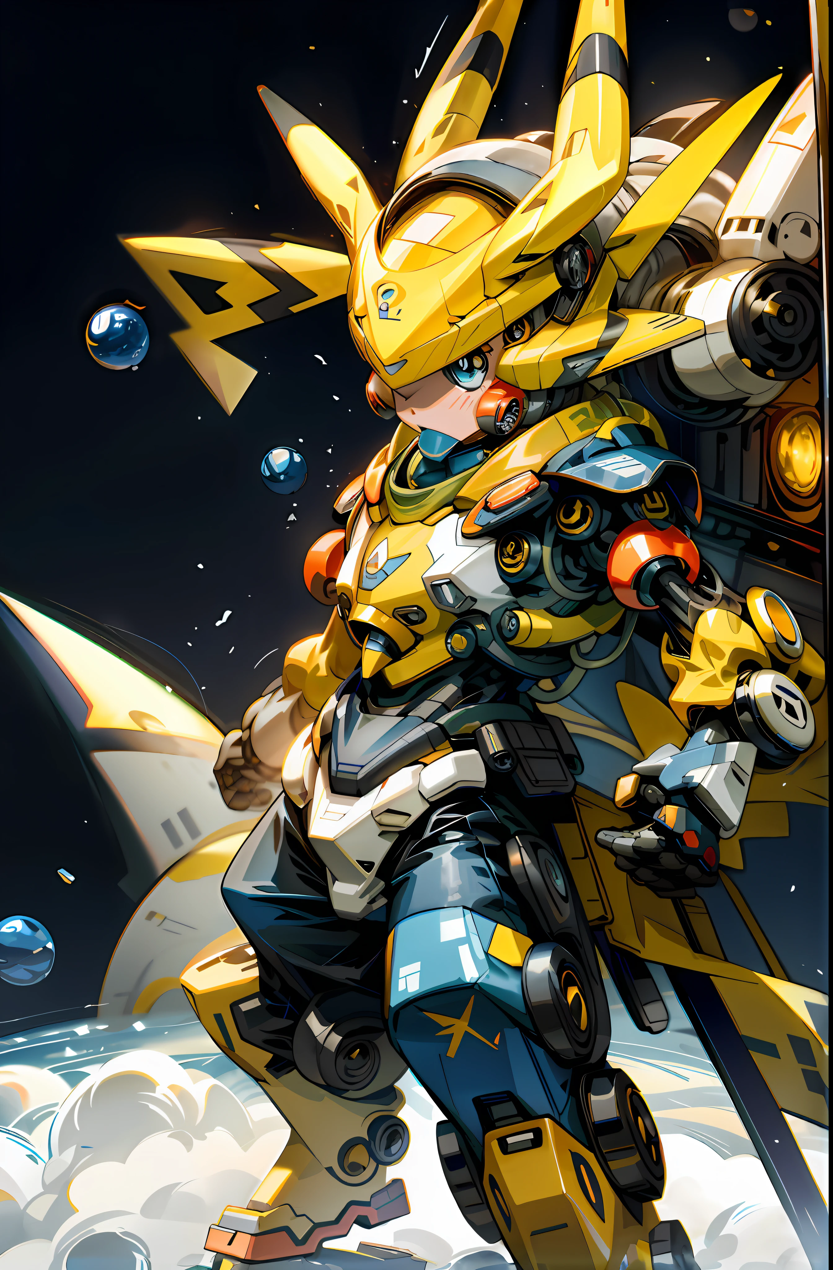 Anime characters with yellow and blue armor and swords, cool mech style, mecha network armor, mecha art, G willow art style, anime robot with organic mix, mecha inspiration, yellow mecha, golden paladin, anime mecha armor, Alexander Fira mecha, high quality digital concept art, anime machine, cosmic deep space