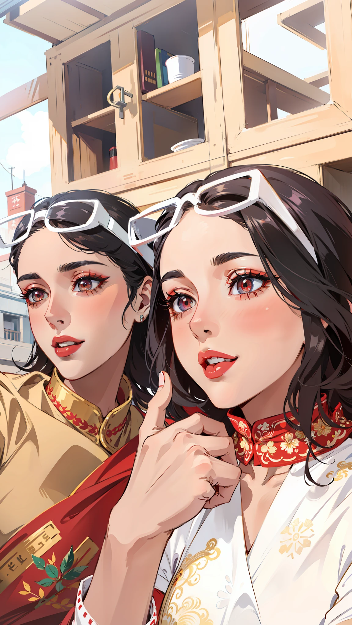 (masterpiece),(best quality:1.0), (ultra highres:1.0), detailed illustration, 8k, anime, 1girl, beautiful anime girl, wearing a white and red saree, beautiful saree, intricate details, black eyes, detailed eyes, looking at me, black hair, detailed hair detailed, highlights on hair, smiling, matte red lipstick, red lips, anime style, best quality, detailed