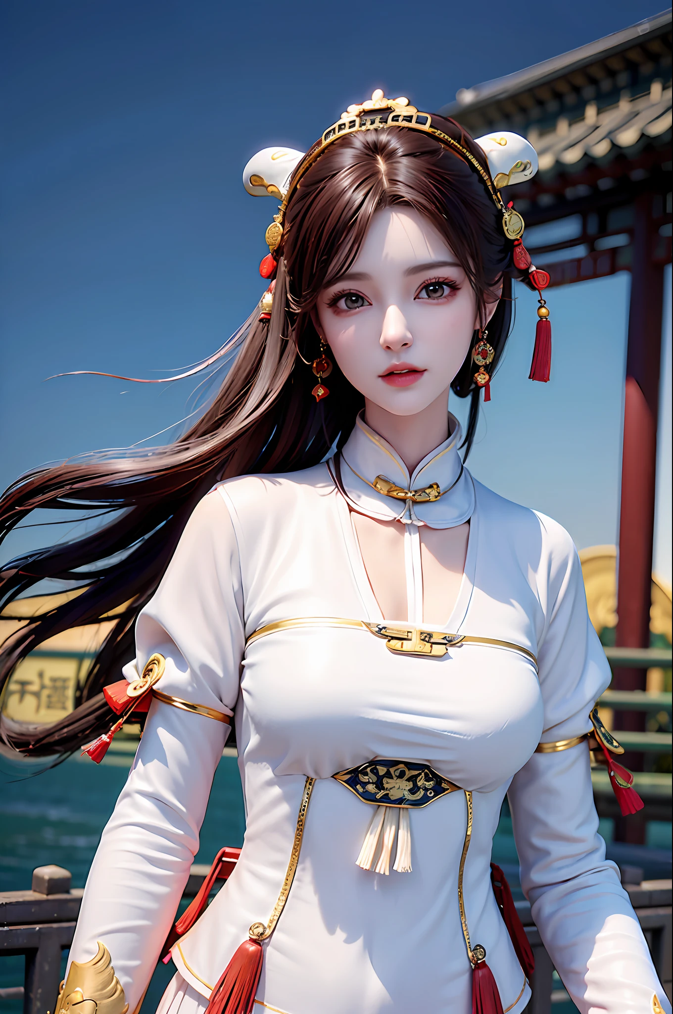 (Best Quality: 1.3, Masterpiece: 1.3), Ultra HD, (1girl, solo), atmospheric perspective, detailed face, upper body, makeup, pink lips, cleft lip, shiny skin, (brown hair), super long hair, Looking at In front of the audience, red eyes, earrings, small breasts, slim body, (white silk), (((((East Asian architecture, riverside, beautiful background))), perfect lighting, (frontal lighting), physically based rendering,