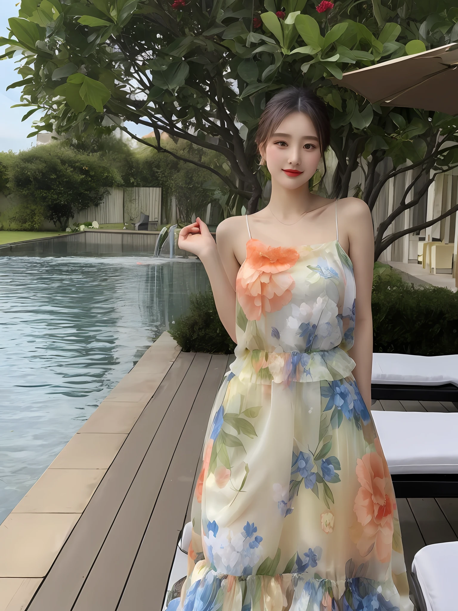 (masterpiece), (best quality), (detailed), 1 girl, 22 years old, playful expression, big breasts, long hair, beautiful, natural, exposed, Arapei sitting on a chaise longue, wearing a floral dress, flowing dress, floral art new dress, floral dress, colorful dress, summer dress, glowing flower dress, translucent dress, wearing a flowing dress, wearing a flower long skirt, long skirt, long skirt female, beautiful soft silk dress, light color half-open dress, Soft silk dress