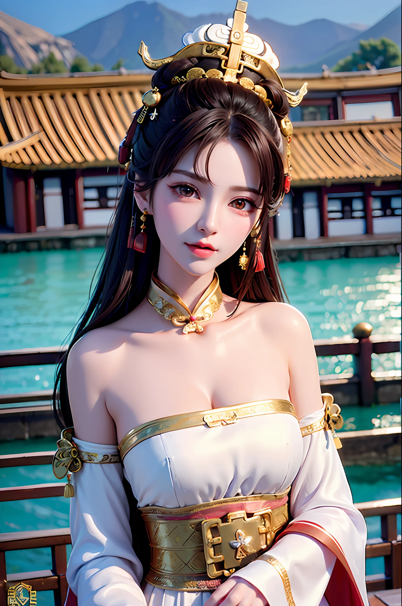 (Best Quality: 1.3, Masterpiece: 1.3), Ultra HD, (1girl, solo), atmospheric perspective, detailed face, upper body, makeup, pink lips, cleft lip, shiny skin, (brown hair), super long hair, Looking at In front of the audience, red eyes, earrings, small breasts, slim body, (white silk), (((((East Asian architecture, riverside, beautiful background))), perfect lighting, (frontal lighting), physically based rendering,