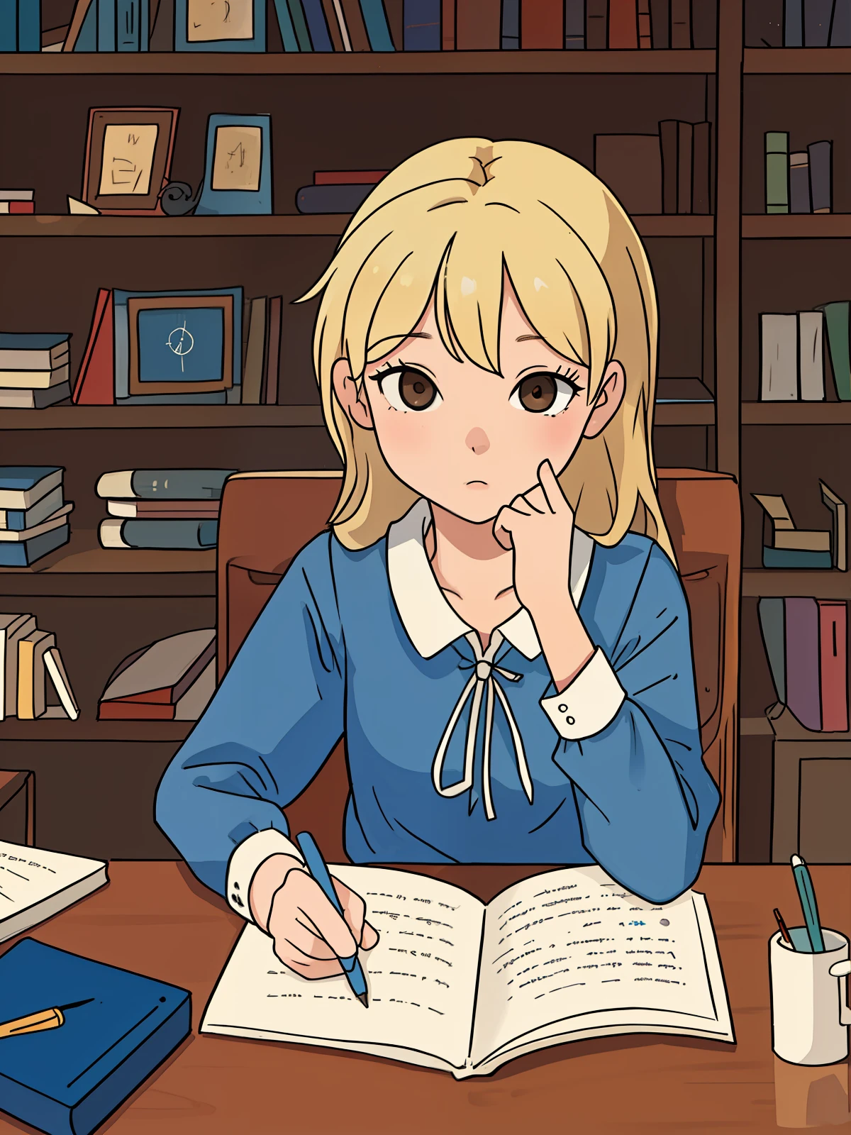 one girl, blonde hair, sitting at a table, reading a book, wearing a blue dress, brown eyes, confused expression, looking at the book, holding a pencil