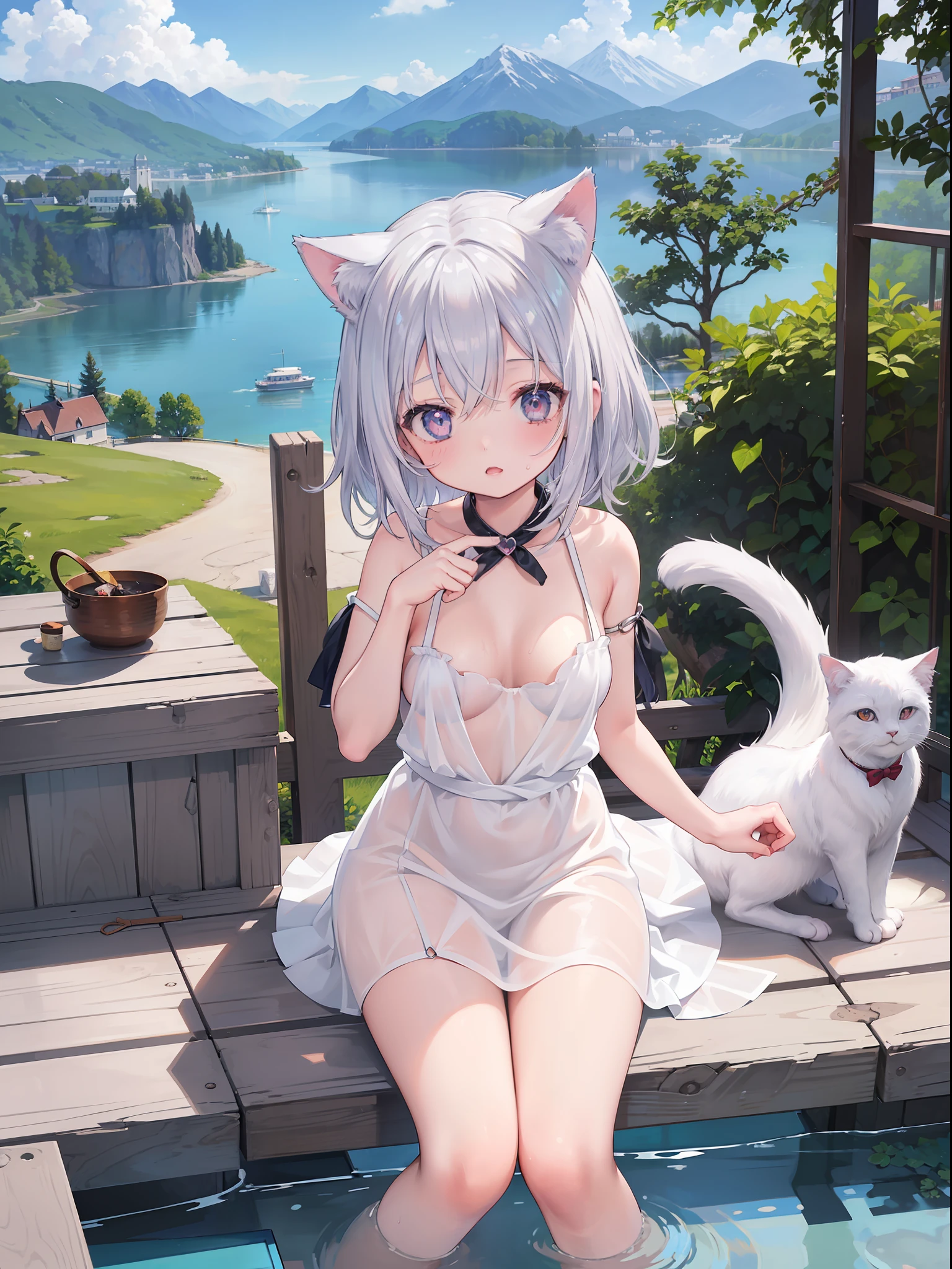 (Masterpiece), (Best Quality Anime Illustration), (Super Definition), One Girl, Solo, Beautiful Girl with Silver Hair, Anime Loli, Cat Ear Loli, Naked Apron, Heart-shaped hole on chest, Cleavage, Wet and see-through, Cottage with mountain and lake view