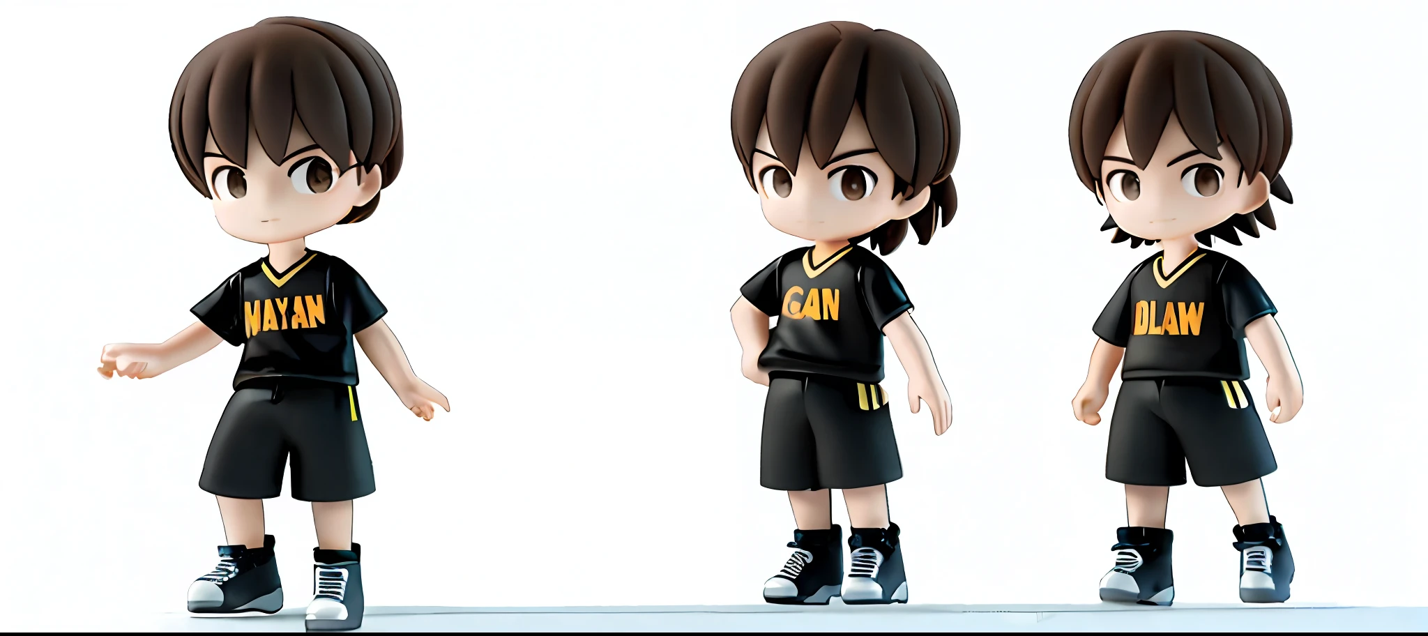 Basketball boy, black jersey pants, brown hair, character three views, high quality, Q version character