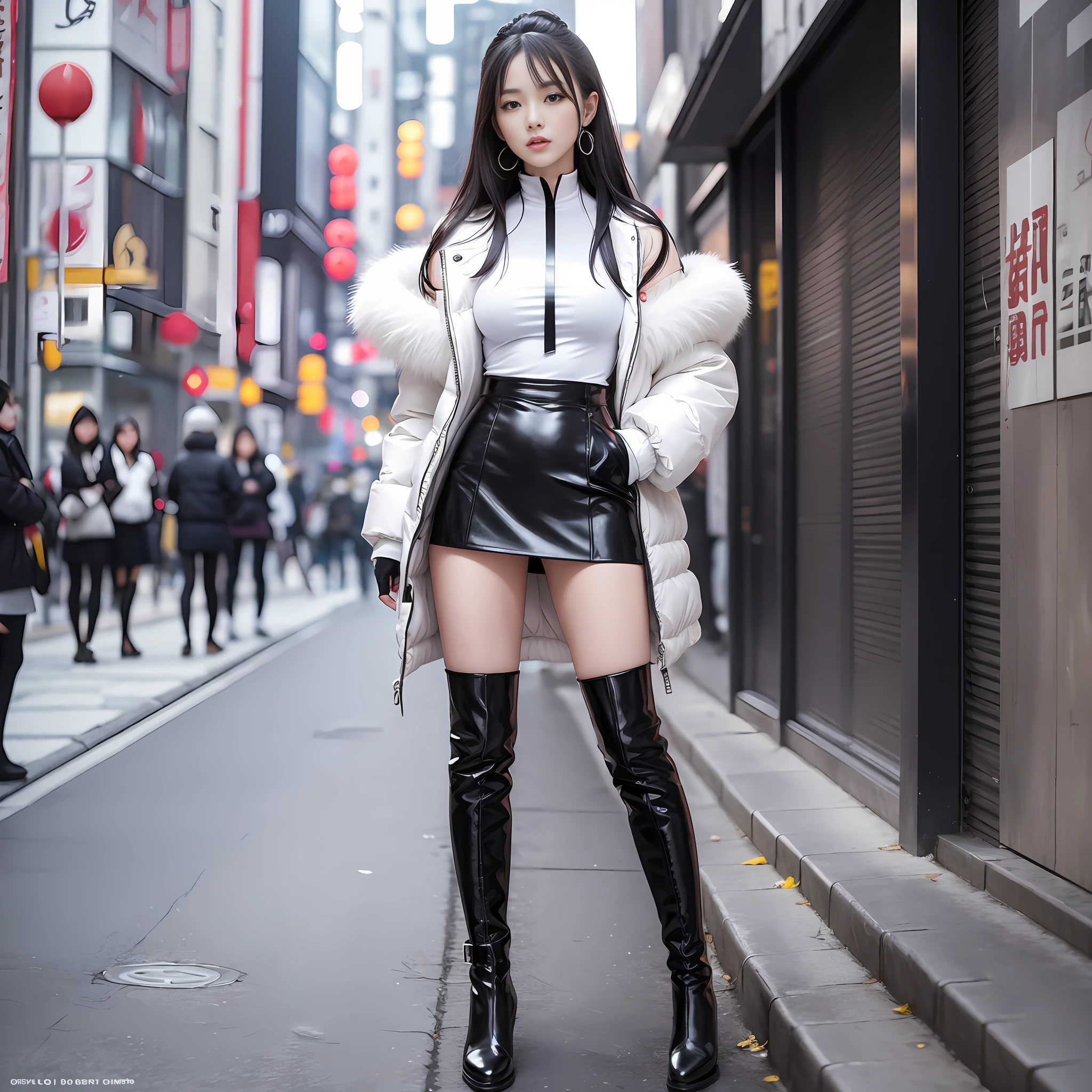 A woman in a white top and black boots standing on the street, Chinese female fashion model, white fluffy clothes, short skirt and long jacket, Japanese city street fashion, black pink Rosan Park, she wears streetwear, Japanese street fashion, Tokyo fashion, street dress woman in jacket and skirt, street fashion, Harajuku street fashion, beautiful woman walking in the wind, black gloves, over-the-knee red boots, tall, long legs, perfect body proportions, thin waist, black suspender stockings, tall, Slender body, nine-headed body, big eyes, beautiful and exquisite face, perfect body details, perfect body proportions, perfect visual proportions, fashion shooting, glamorous, feminine, delicate, highlighting female curves, subtext: sexy, confident. Chinese girl --auto --s2