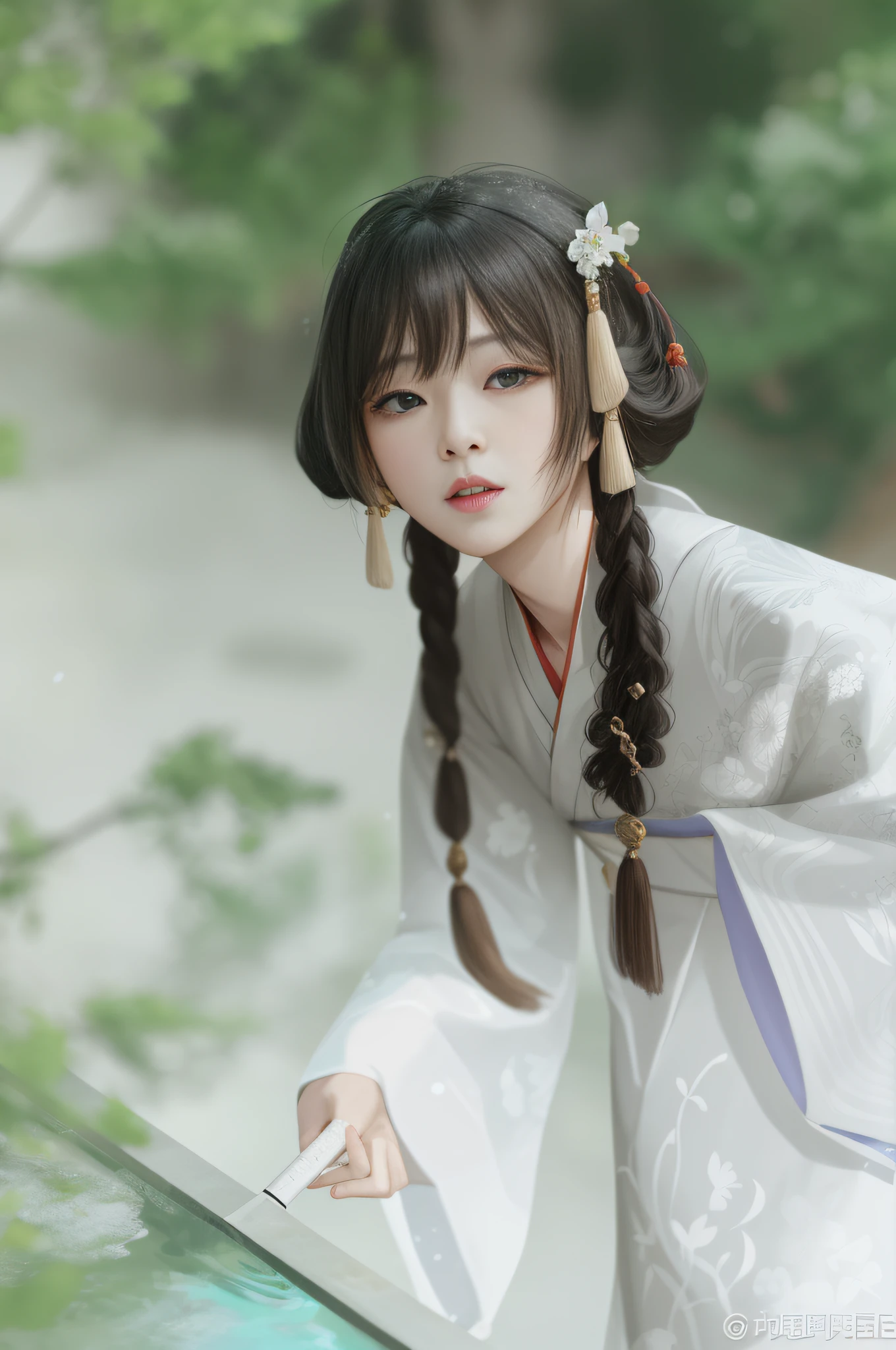 araffe woman in a white dress holding a white umbrella, white hanfu, hanfu, palace ， a girl in hanfu, with acient chinese clothes, wearing ancient chinese clothes, traditional chinese clothing, pale and coloured kimono, flowing magical robe, long beautiful flowing kimono, chinese costume, flowing robes, dressed with long fluent clothes, ethereal beauty, flowing white robes --auto --s2