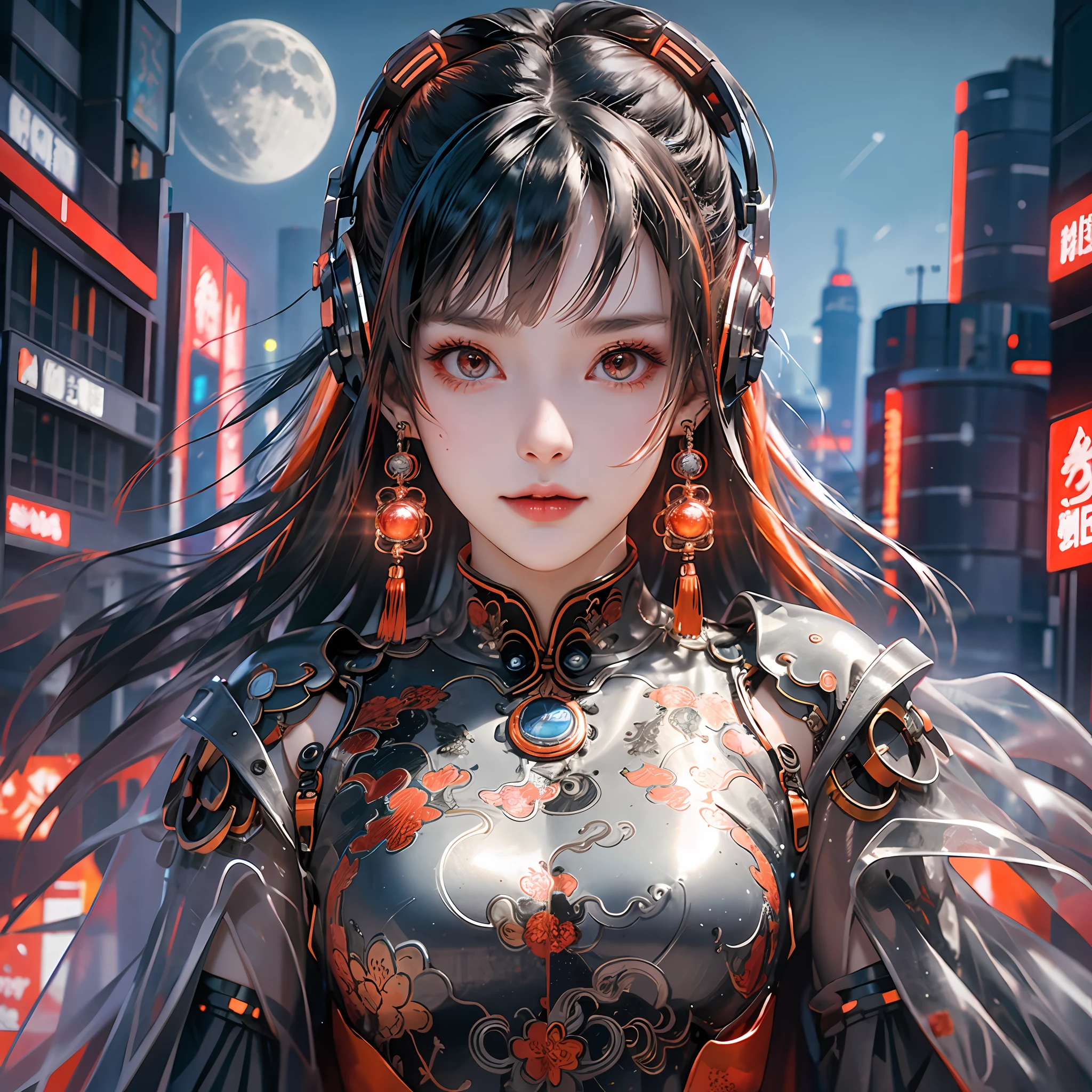 1 girl, Chinese_clothes, metallic black titanium and crimson, cyberhan, cheongsam, cyberpunk city, dynamic pose, detailed luminescent headphones, luminous hair accessories, long hair, luminous earrings, glowing necklace, cyberpunk, high-tech city, full of mechanical and futuristic elements, futurism, technology, glowing neon, red, red light, sexy skirt, transparent black cape, laser light, digital background city sky, big moon, with vehicles, best quality, masterpiece, 8K, Character edge light, super high detail, high quality, the most beautiful woman in human beings, smile, face facing front and left and right symmetry, ear decoration, beautiful pupils, light effects, visual data, silver-red-orange hair dyeing hair, super detail facial texture, happy and proud, weapon system, crowded street passers-by, mecha style
