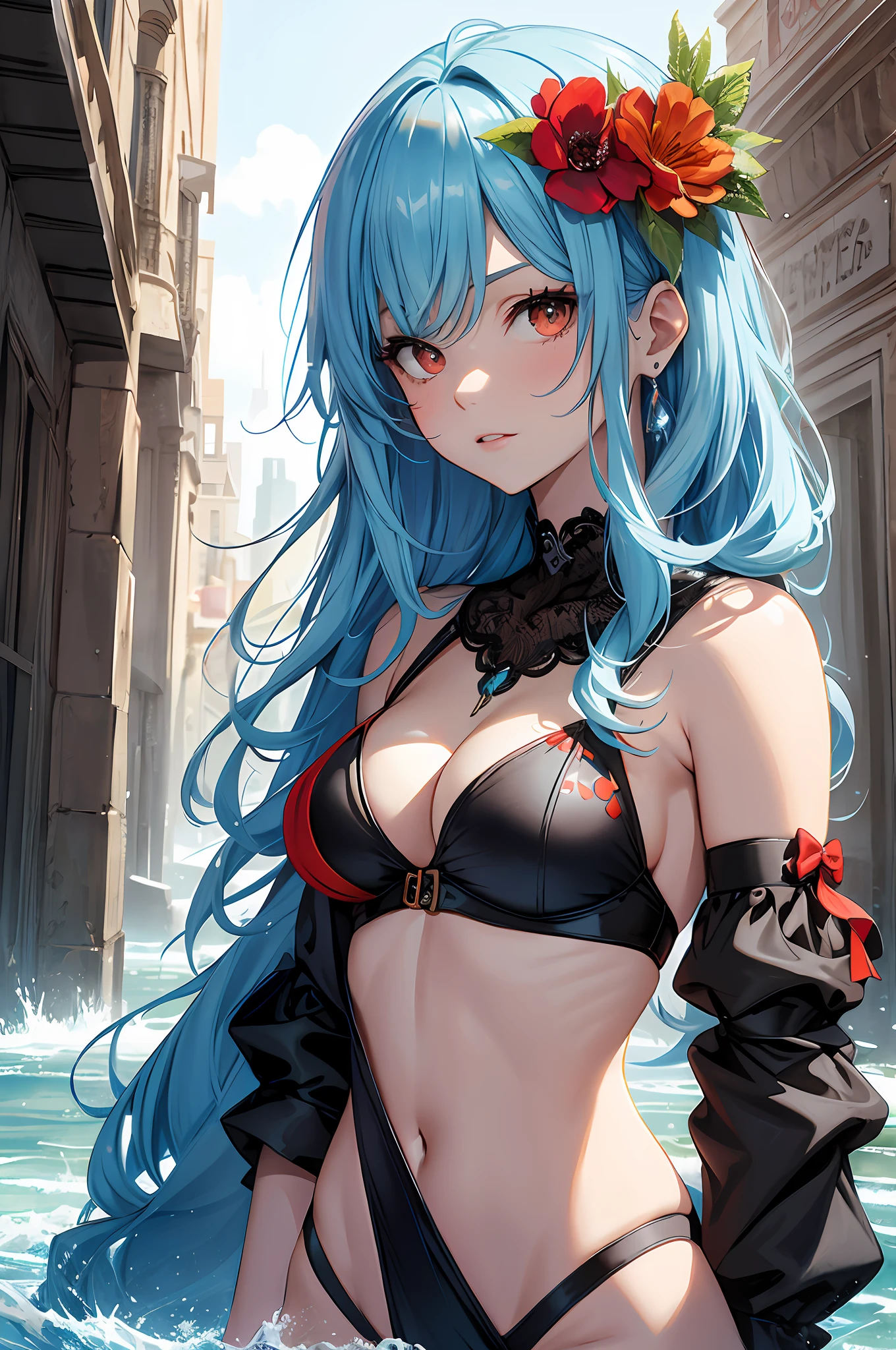 Absurdity, super detail, masterpiece, top quality, break, official art, (beautiful and aesthetic: 1.2), (watercolor: medium), break, red eyes, red, big eyes, sharp eyes, hawk-like eyes, break, long eyelashes, break, beautiful girl, beautiful girl, (cute: 1.3), 25 years old, break, long hair, colorful hair, splash, (mixed blue and light blue hair: 1.2), ( fractal art 1.2), disheveled hair, red ribbon, flower, break, sexy, fancy bikini, orange, black, break, sideways, watch viewer, break, lake, evening, ancient ruins, break, bewitching, god of beauty, break, best quality, break, orange arm band, break,