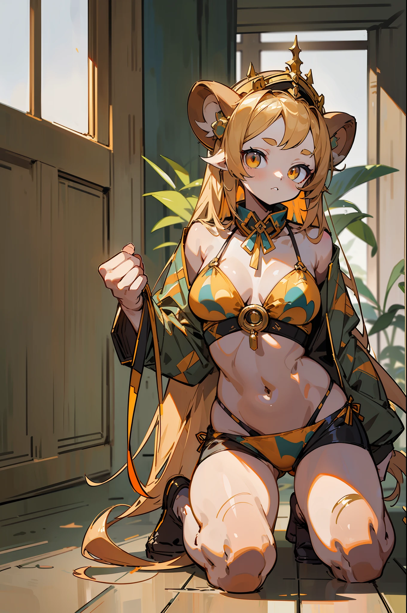 master-piece,hyper quality, hyper detailed,perfect drawing,1 beautiful girl, golden bikini, monkey ears, monkey tail, monkey legs, monkey fingers, hunter's eyes aiming for prey, blonde short, , height 170cm, 3 size B88W55H90, gritty, kneeling, pow pause