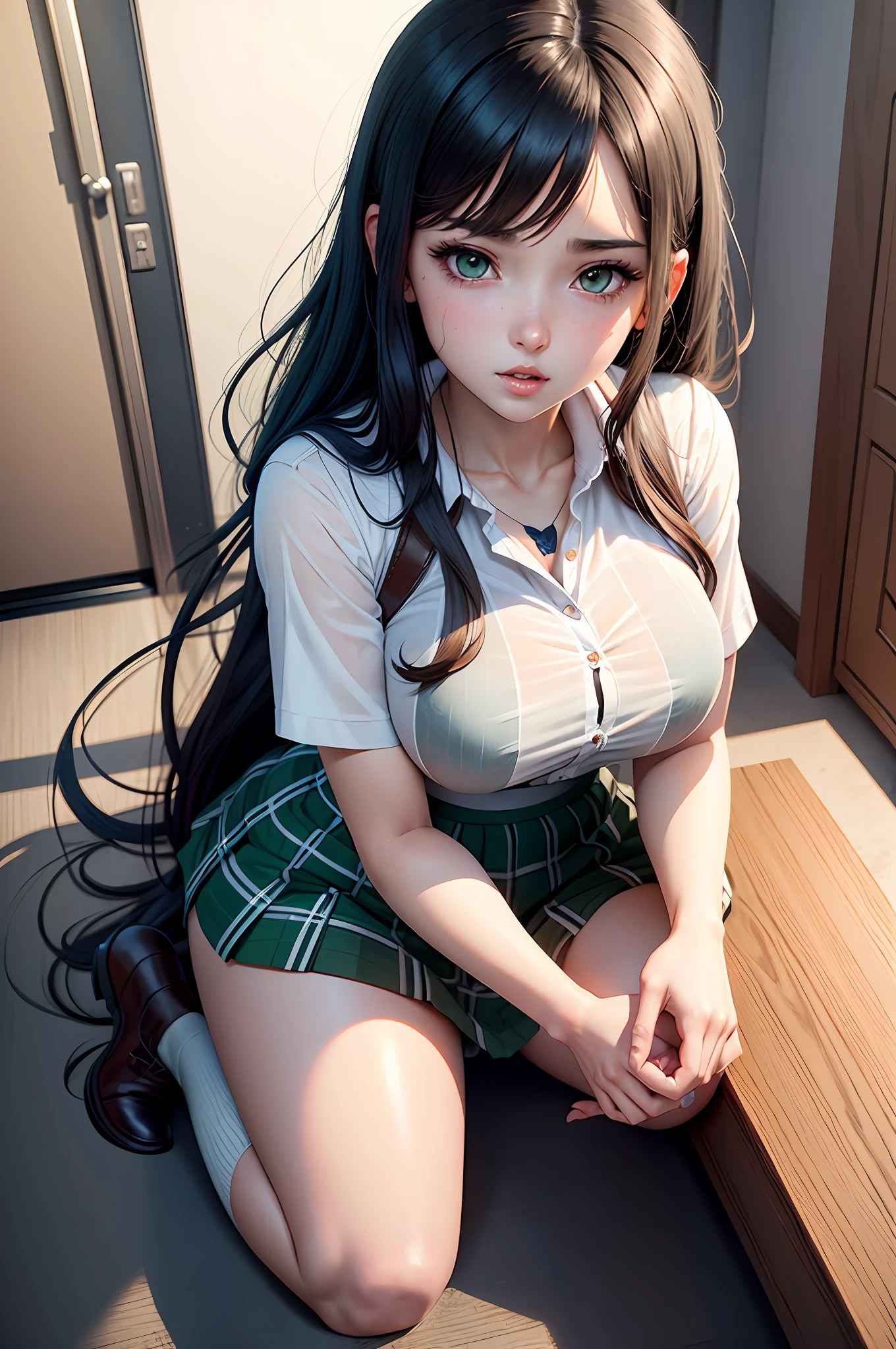 High school blouse (wet and transparent)white and green plaid skirt, long black hair loose, pinched eyes, long eyelashes, well-shaped and reasonably large breasts, white pants appearing through skirt, naughty anime style, beautiful anime high schooler, surreal high schooler, surreal high school girl, seductive anime girl, realistic high school girl, big breasts highlighted,  naughty anime style, naughty thigh, naughty thigh, soft CG anime art, hyperrealistic high school, hyperrealistic high school, seductive anime girl, realistic high school, soft anime cg art, anime girl is crouching, beautiful anime high school girl, beautiful anime girl crouched, beautiful attractive anime teenager, ecchi anime style, photorealistic anime girl rendering