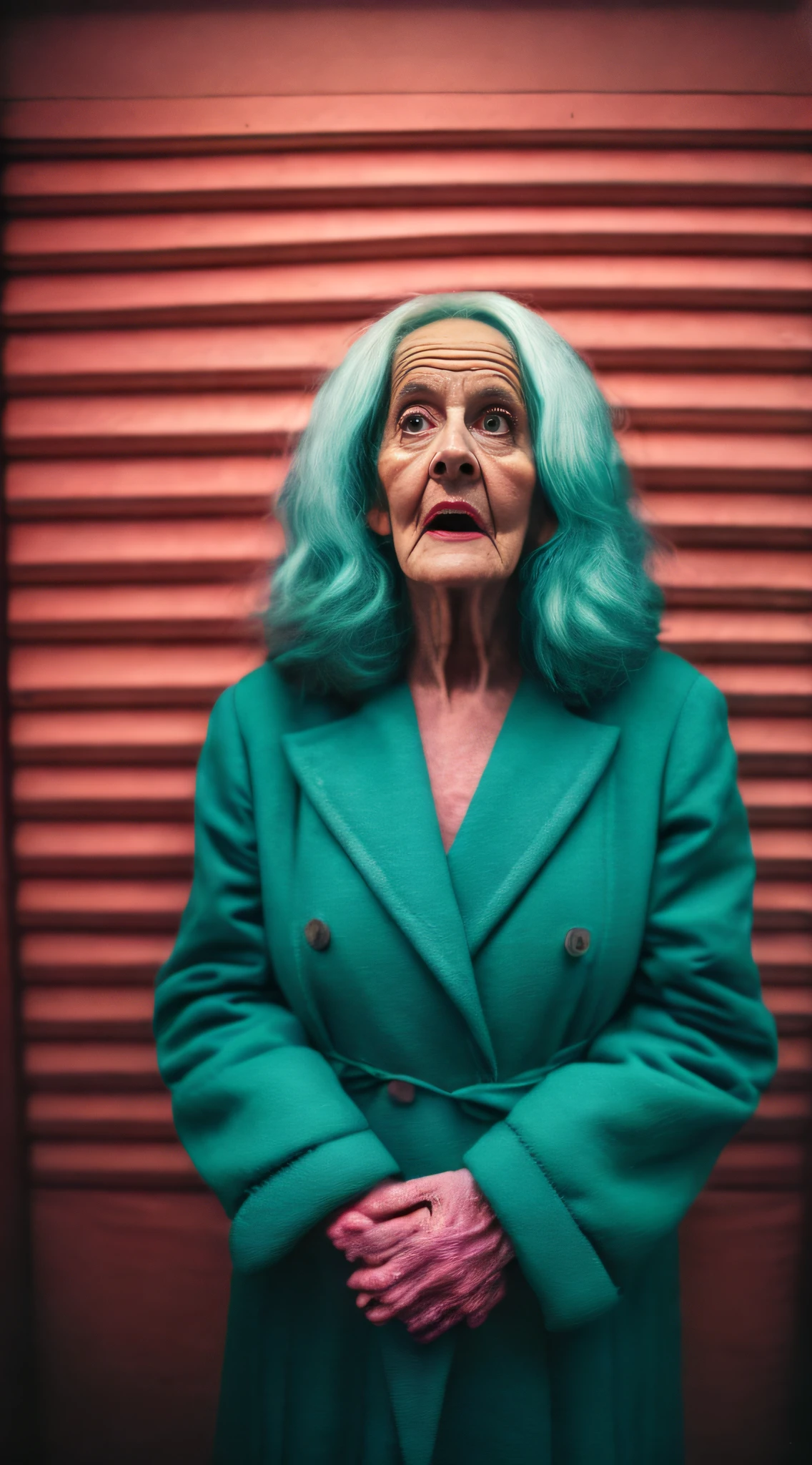 Sale of Horror, Horror, Wide angle, RAW Photo, surreal image of an old woman in green coat and pink wig in front of a colorful wall with fungi, inspired by the series From, complex background, portrait of the mermaid queen, beautiful face, covered in fungi (highly detailed skin: 1.2), 8k uhd, dslr, soft lighting, high quality, film grain, photographed with a Canon EOS 5D camera