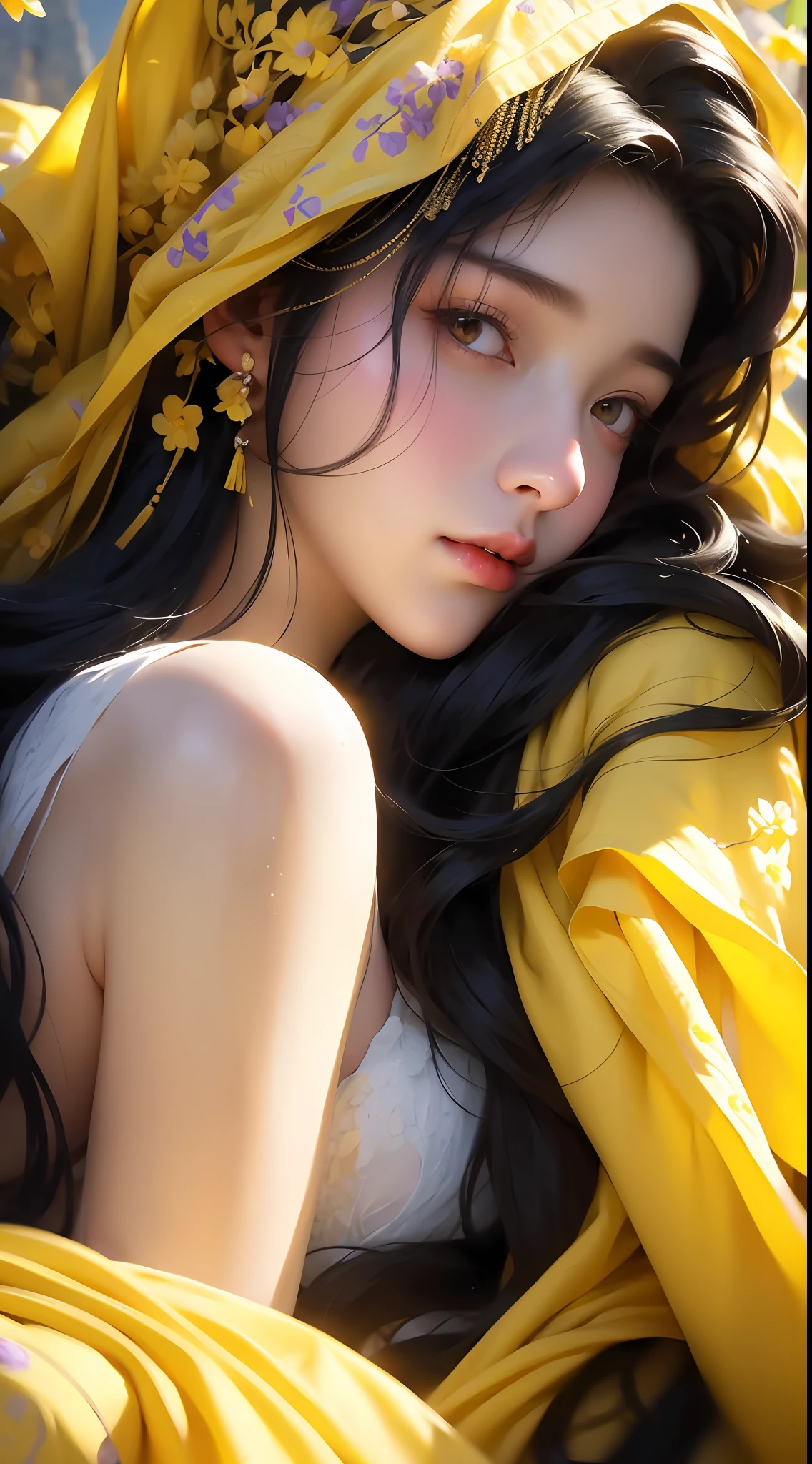 1 girl, upper body portrait close-up, black hair, flowing hair, hazy beauty, extremely beautiful facial features, yellow embroidered dress, hairpins on the head, lying in a bush, purple flowers, (spring, rainy days, terraces, mountains), simple vector art, contemporary Chinese art, soft light, layered form, overlook