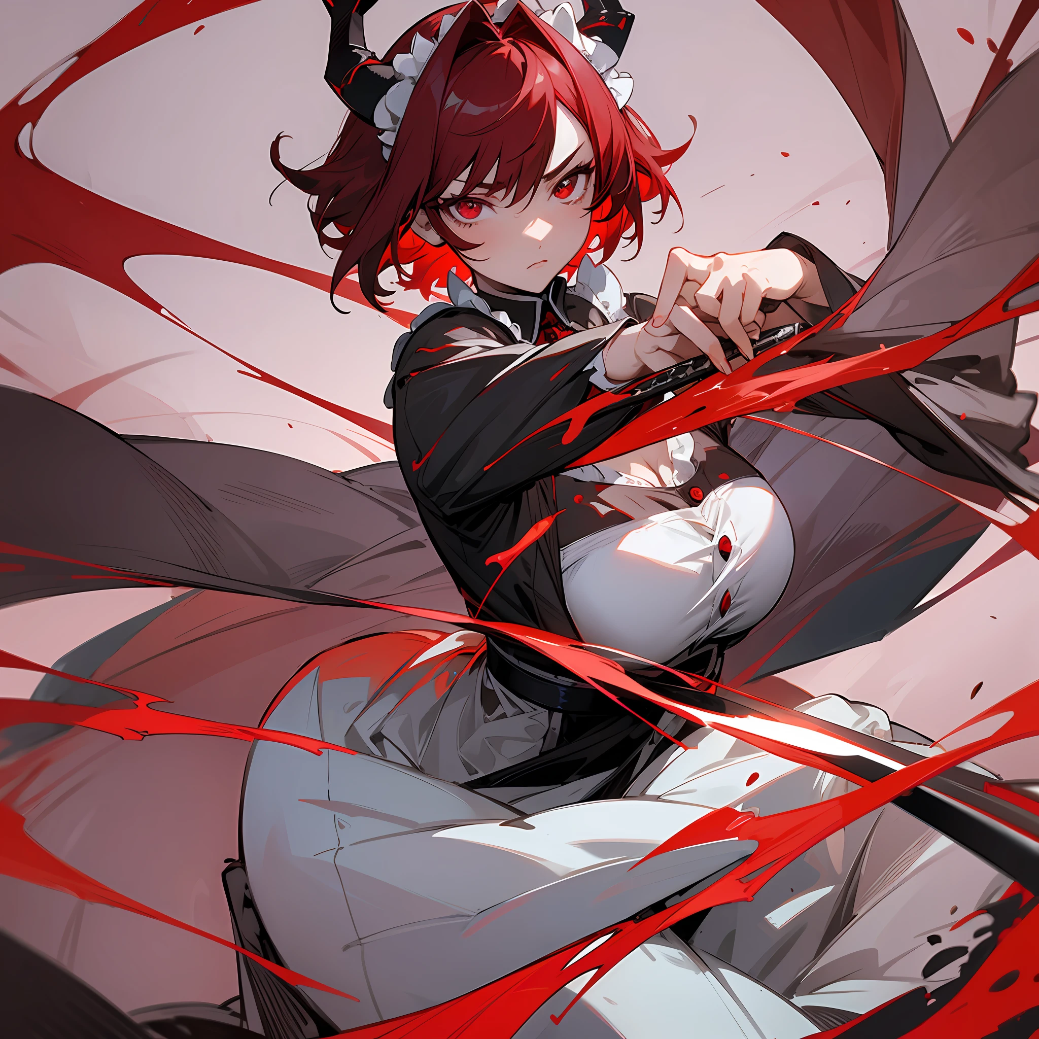 Anime girl maid with short dark hair with red locks, large and beautiful and detailed eyes with a serious and cold look, delicate and detailed fingers and hands holding a katana that has scarlet red blade close to the eyes, a dynamic action pose and epic atmosphere, a close-up in the eyes, seen from the front, Red demon horns --auto --s2