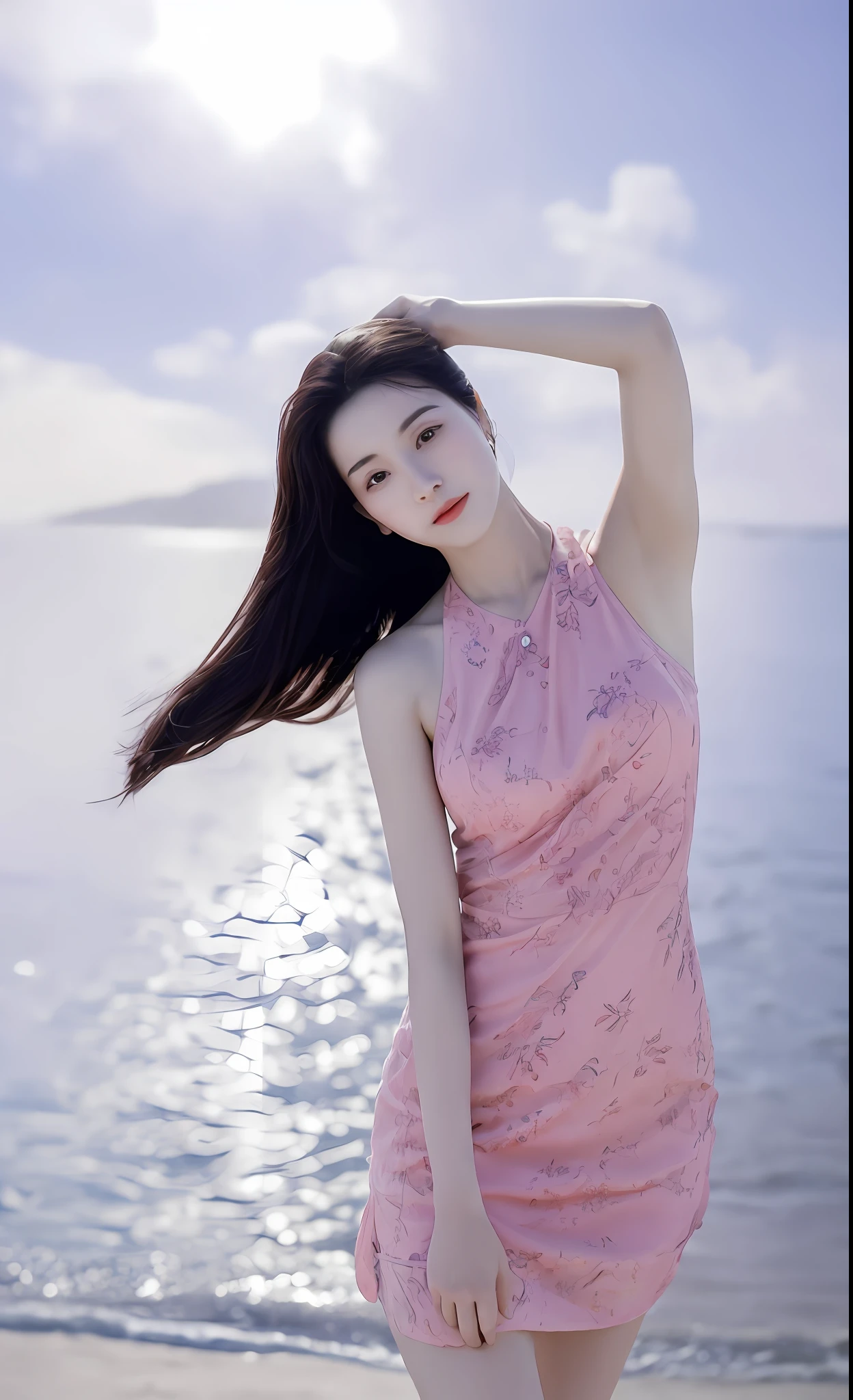 (Masterpiece), (Best Quality), (detailed), 1 girl, 22 years old, playful expression, big breasts, long hair, beautiful, natural, exposed, Alafid woman in pink dress standing on the beach, Shaxi, Sea Queen Mu Yanling, Ruan Jia beautiful! , cover photo portrait Du Juan, Li Zixin, inspired by Tang Yifen, Chen Xintong, Ye Wenfei, inspired by Xie Sun, by Mei Qing, inspired by Cheng Jiasui, inspired by Ma Yuanyu