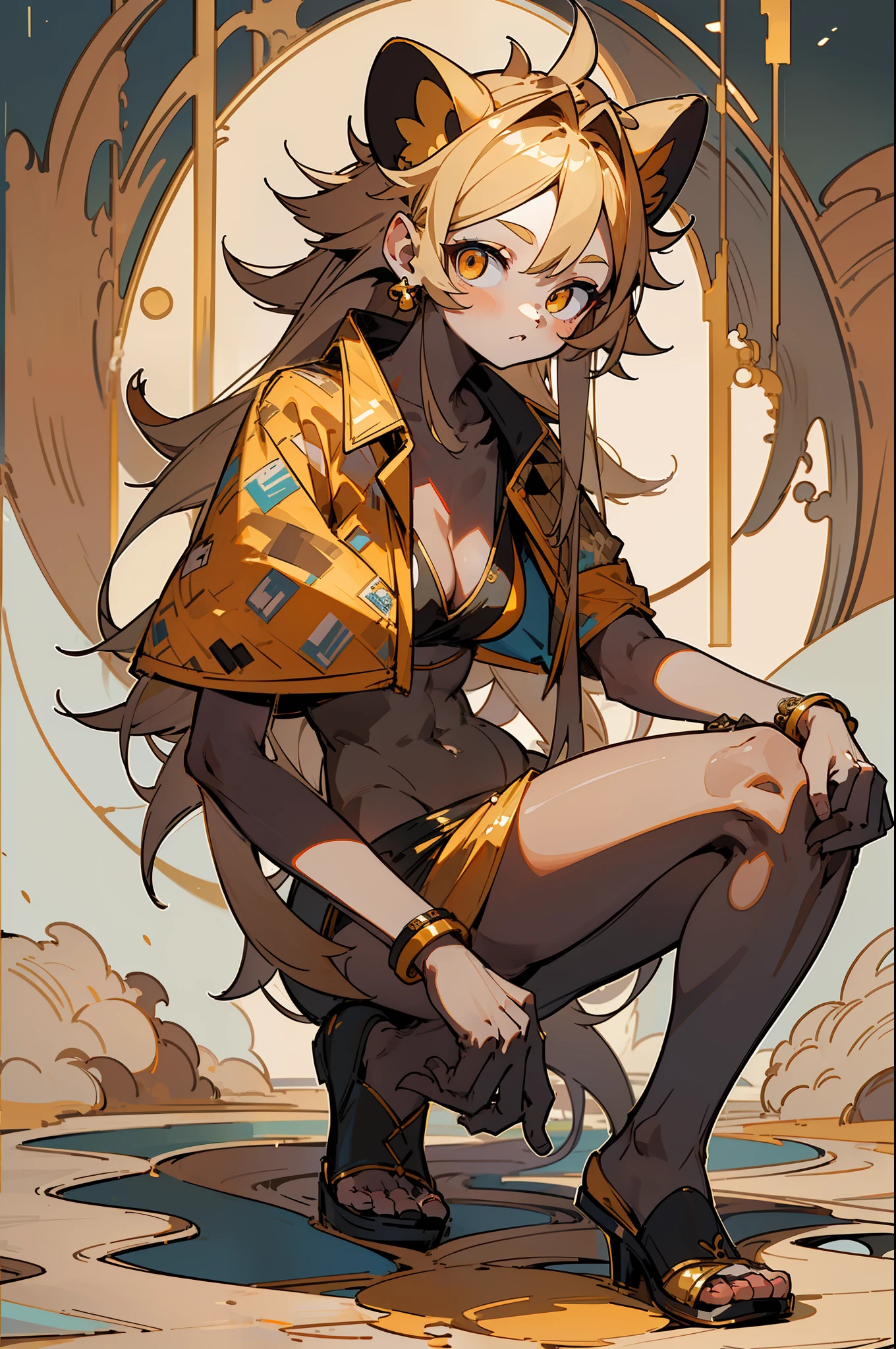 master-piece,hyper quality, hyper detailed,perfect drawing,1 beautiful girl, golden bikini, monkey ears, monkey tail, monkey legs, monkey fingers, hunter's eyes aiming for prey, blonde short, , height 170cm, 3 size B88W55H90, gritty, kneeling, pow pause