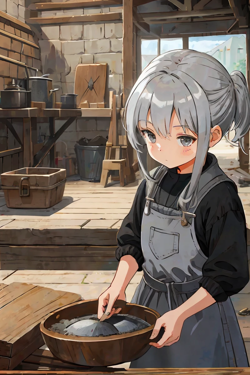 Grey hair, blacksmith, one girl