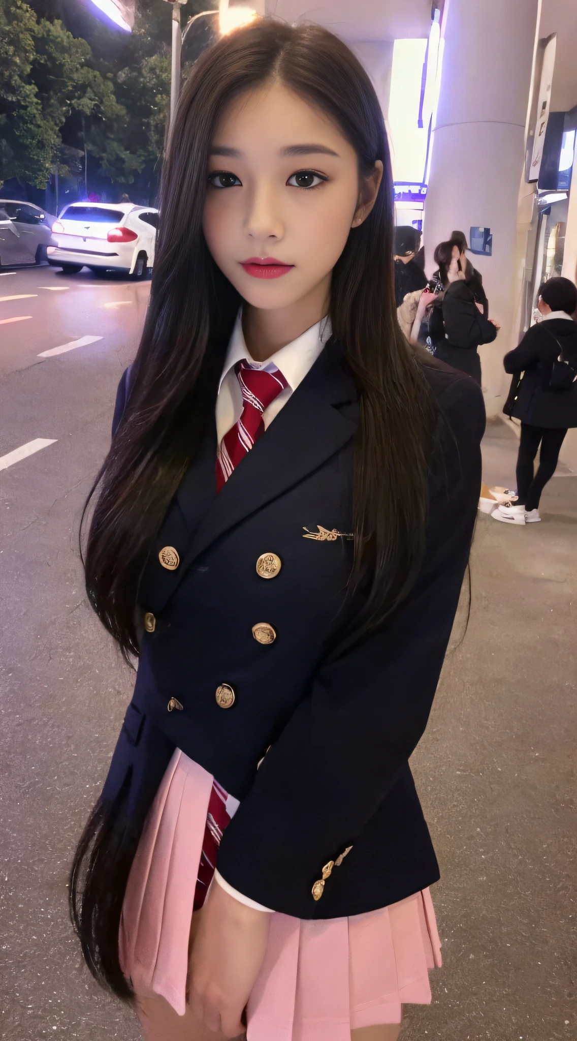 ((Best quality, 8k, Masterpiece :1.3)), full body, Sharp focus: 1.2, perfect body beauty: 1.4, slender abs: 1.2, ((dark brown hair, big breasts: 1.2)), pink JK uniform: 1.1, (Night City, Streets: 1.1), highly detailed facial and skin textures, detailed eyes, double eyelids