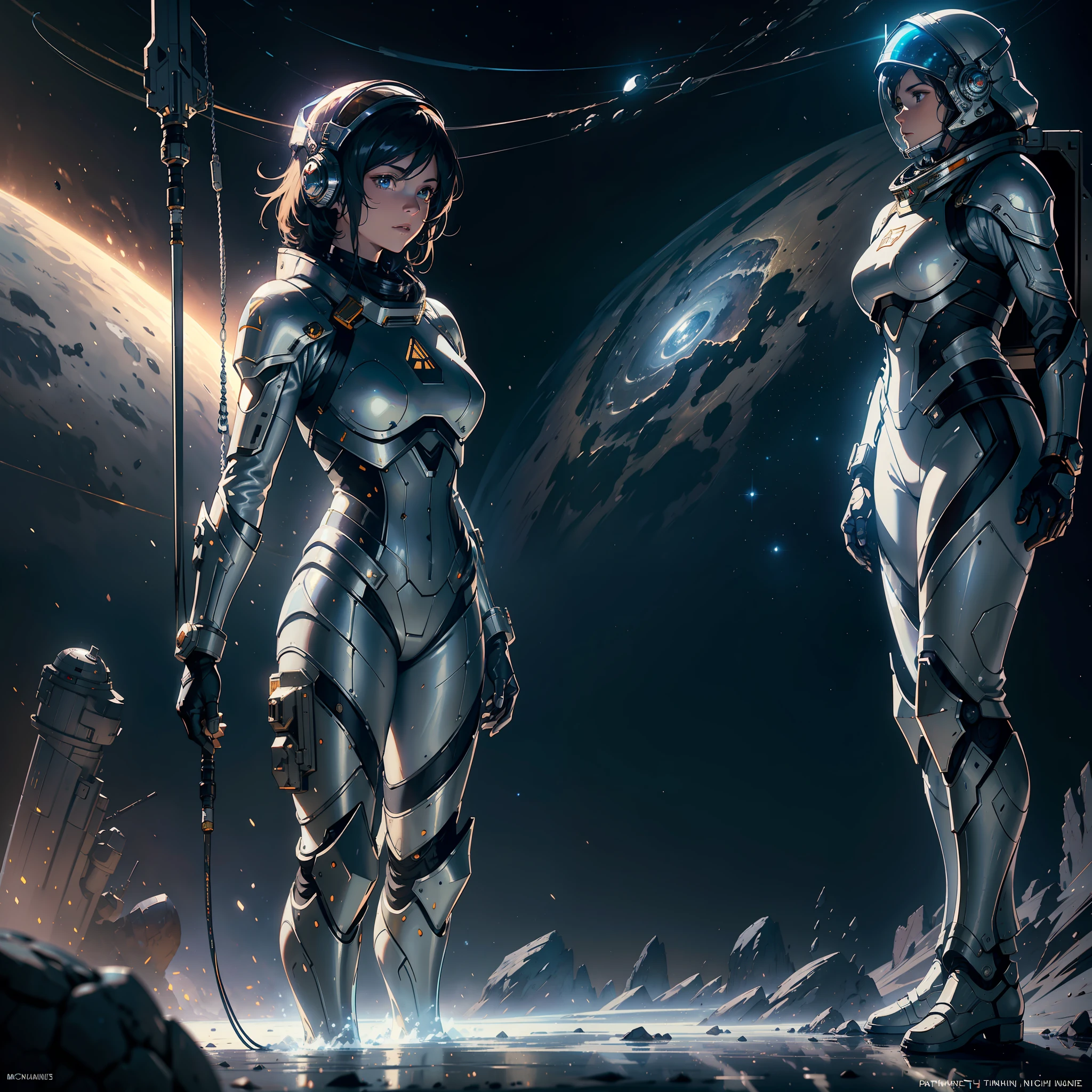 1 female astronaut in battle armor and helmet, standing on the moon. photorealistic art by michael komarck greg rutkowski gustave dore alphonse mucha global illumination ray tracing hdr render octane unreal engine 5 lumen reflections depth of field realistic 8k textures ultra high detail sharp trending at behance cgsociety deviantart masterpiece highly detailed intricate award winning dramatic lighting with watercolor painting an
