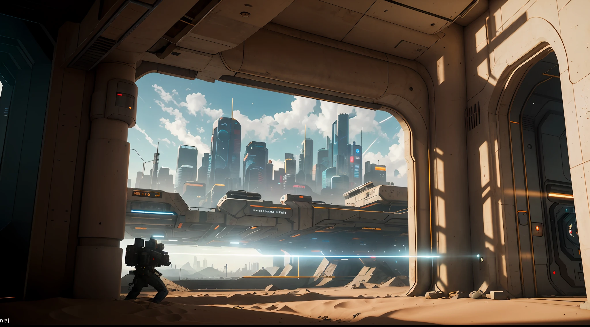 FPOV shot, wide angle, (looking at a high tech portal, in modern research lab, placed at the end of long hallway), (on the other side of the portal is a Dystopian cyberpunk future), duality, (time travel), (mountains:1.1), (badlands:0.8), (sprawling cyberpunk city skyline), high vantage point, ((Establishing Shot)), (highly detailed, hyperdetailed, intricate), (lens flare:0.7), (boom:0.5), raytracing, particle effects, dust, sand, deep depth of field, soft diffused lighting, photographed on a Canon 5D, 24mm ultra wide lens, deep focus, 4k resolution, cinematic film still