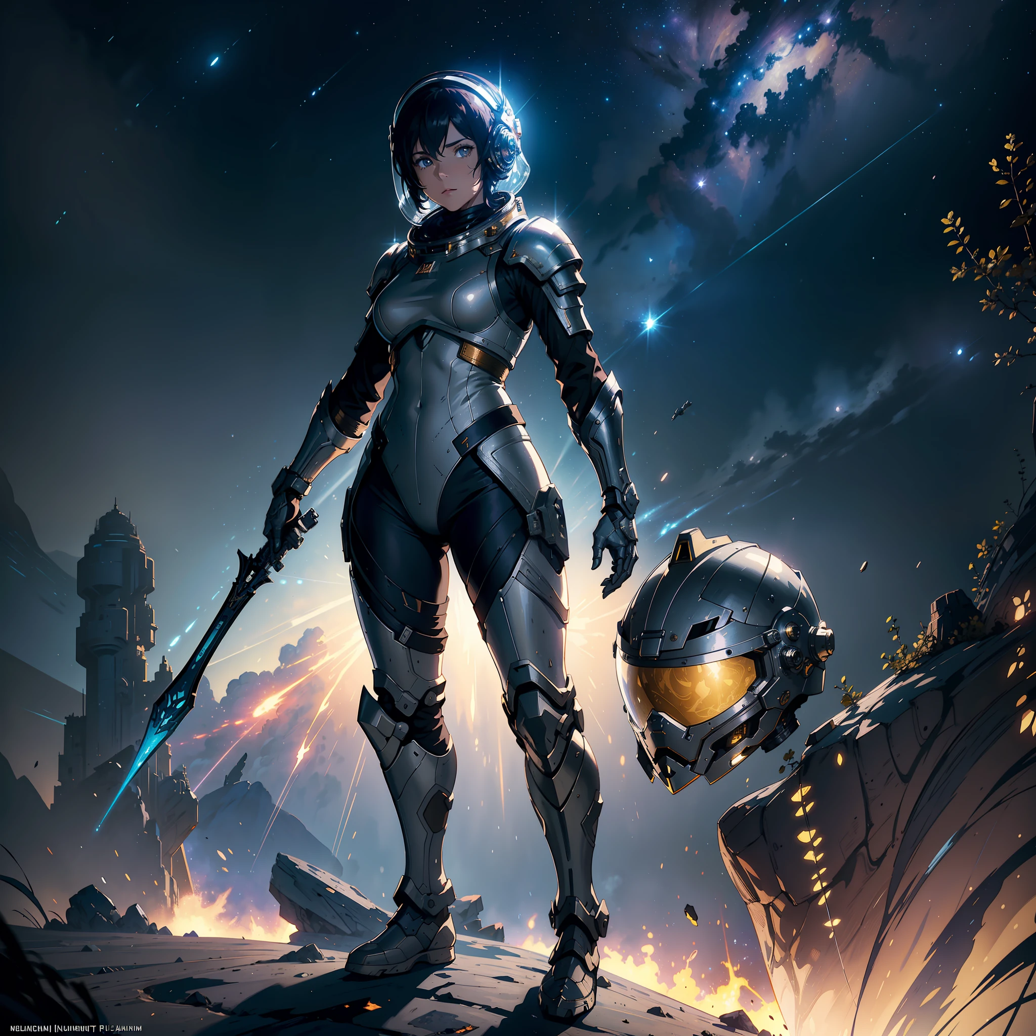 1  female astronaut in battle armor and helmet, standing on the moon. photorealistic art by michael komarck greg rutkowski gustave dore alphonse mucha global illumination ray tracing hdr render octane unreal engine 5 lumen reflections depth of field realistic 8k textures ultra high detail sharp trending at behance cgsociety deviantart masterpiece highly detailed intricate award winning dramatic lighting with watercolor painting an