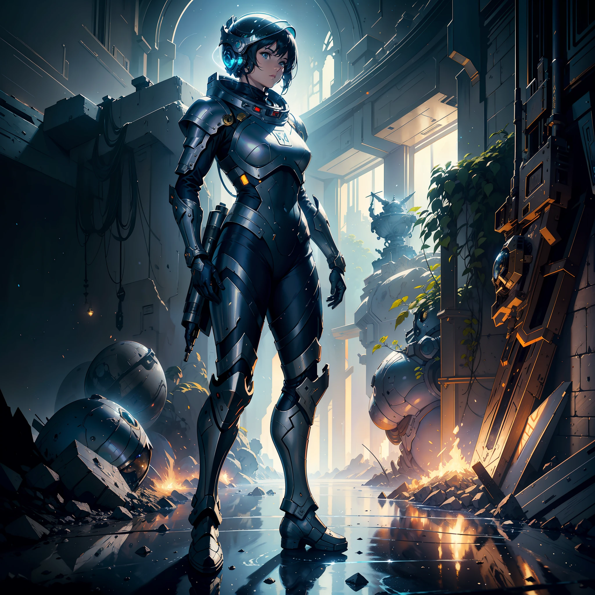 1 female astronaut in battle armor and helmet, standing on the moon. photorealistic art by michael komarck greg rutkowski gustave dore alphonse mucha global illumination ray tracing hdr render octane unreal engine 5 lumen reflections depth of field realistic 8k textures ultra high detail sharp trending at behance cgsociety deviantart masterpiece highly detailed intricate award winning dramatic lighting with watercolor painting an