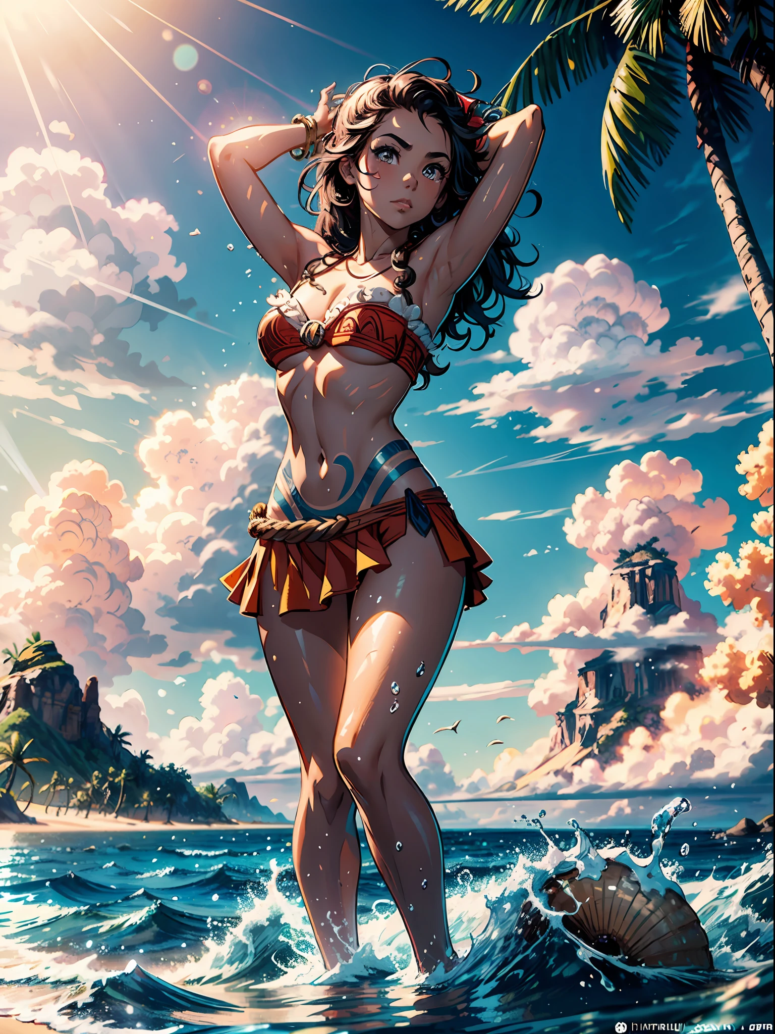 epic movie poster, volcano erupting, award winning (full body:1.3) portrait photo of a (moana:1.2), (seashell bikini:1.2), (water goddess:1.2), tribal tattoos, (wading:1.2) in the pacific (ocean:1.1), arms behind head, (partially submerged shot:1.2), (waves:0.9), desert island background, palm trees, beach,fluffy clouds in the sky, outrun, vaporware, trending on artstation, highly detailed, fine detail, intricate, (lens flare:0.9), (backlighting:0.9), (bloom:0.9), [Style-Micro::10]