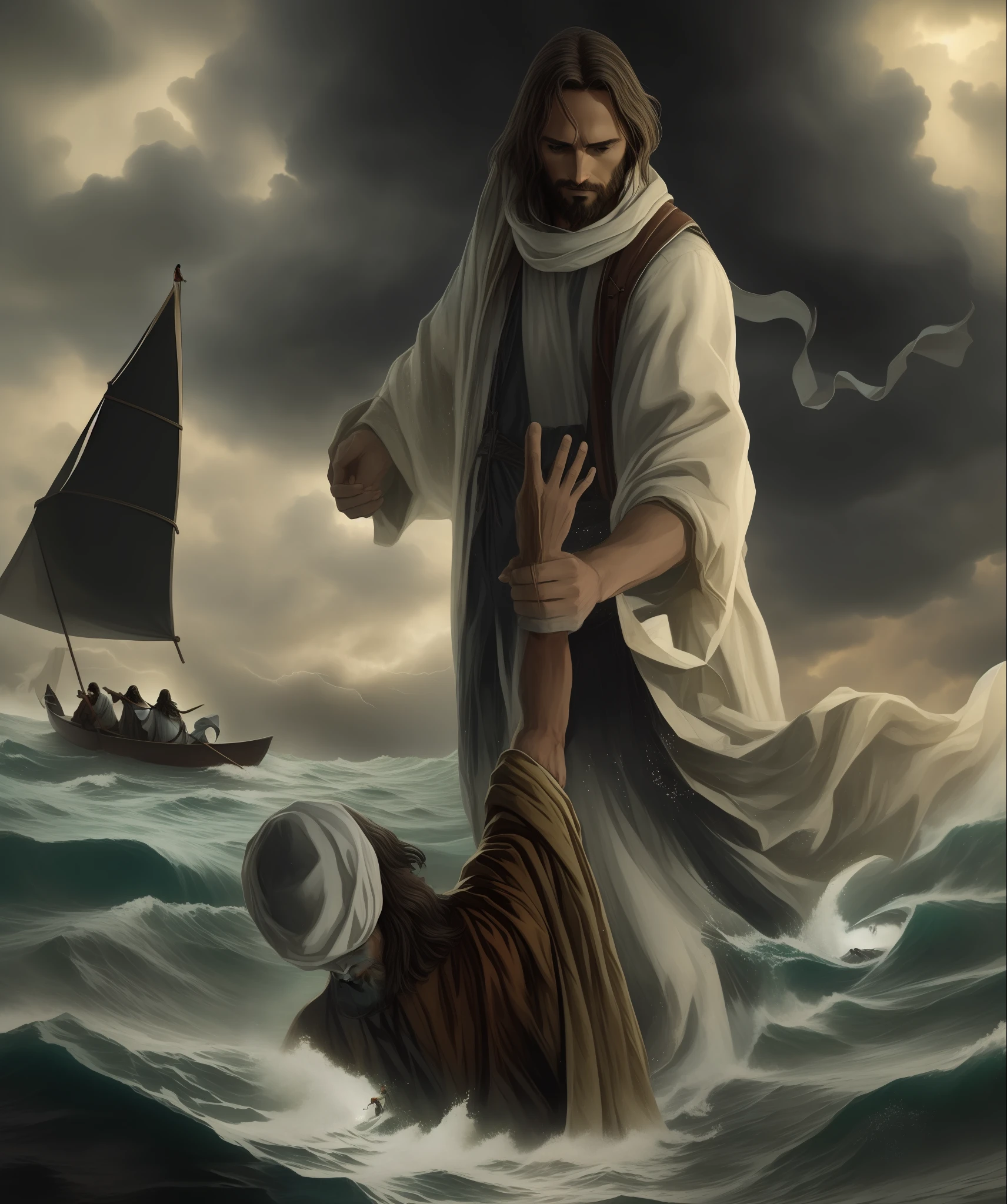 jesus walking on water with a man in a boat, jesus walking on water, epic biblical depiction, ! holding in his hand !, jesus christ, beautiful image ever created, by Antonio Ciseri, the lord and savior, the sea and storms behind him, bible illustration, beautiful depiction, jesus, standing against the storm, standing in a maelstrom