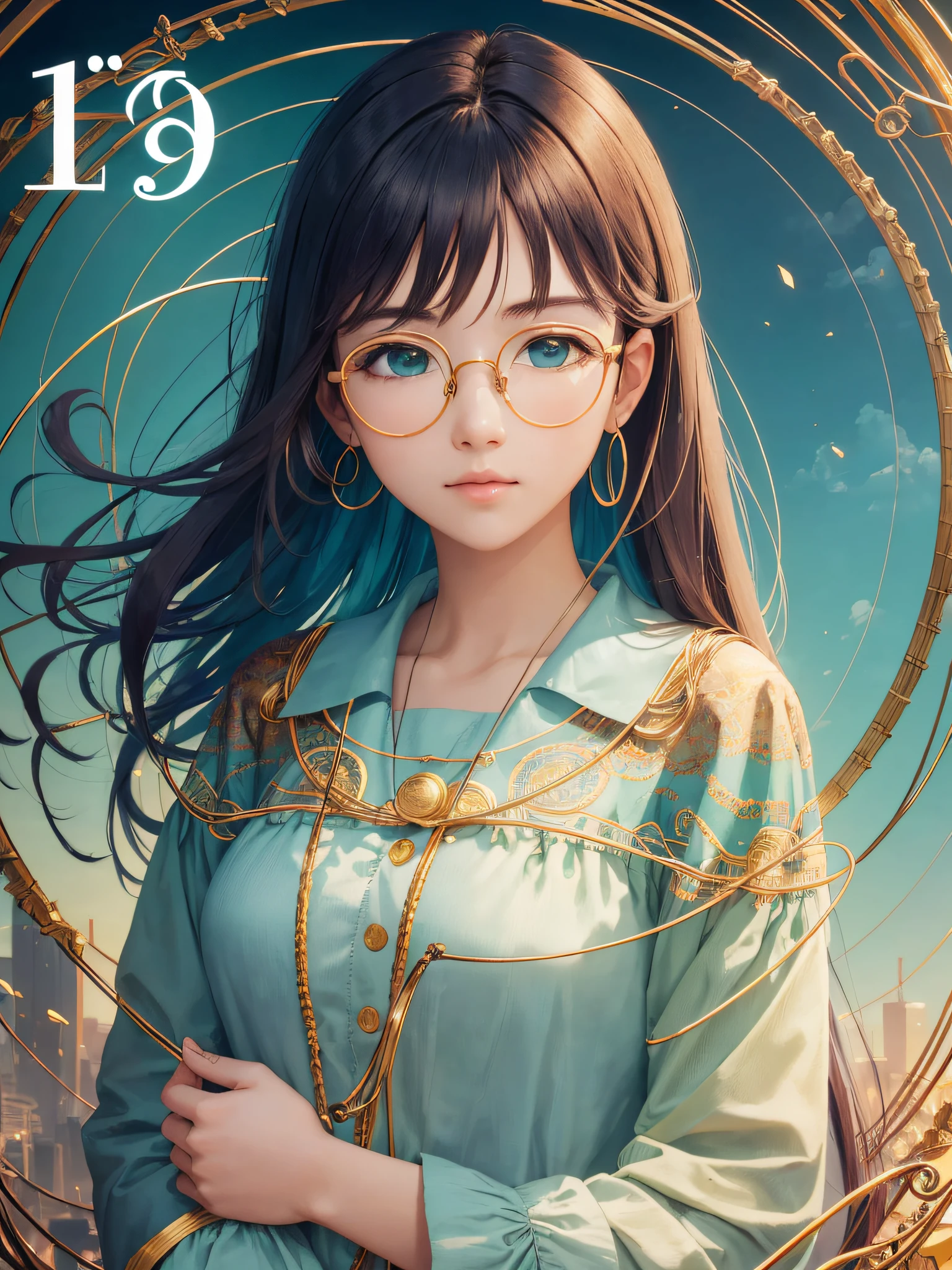 (Masterpiece, highest quality, super large resolution); (CG illustration); (a cute and cute girl); (sleepiness) (exhaustion); ((round-framed gold wire glasses)), (fashionable) (trendy); Rich colors, cyan, orange, yellow, green, cyan, blue, purple, fashion typography, magazine cover poster, hyper-detail, art, title, logo, label, badge, graphic design, detail post-processing, depth of field, high brightness, high saturation, more white space;