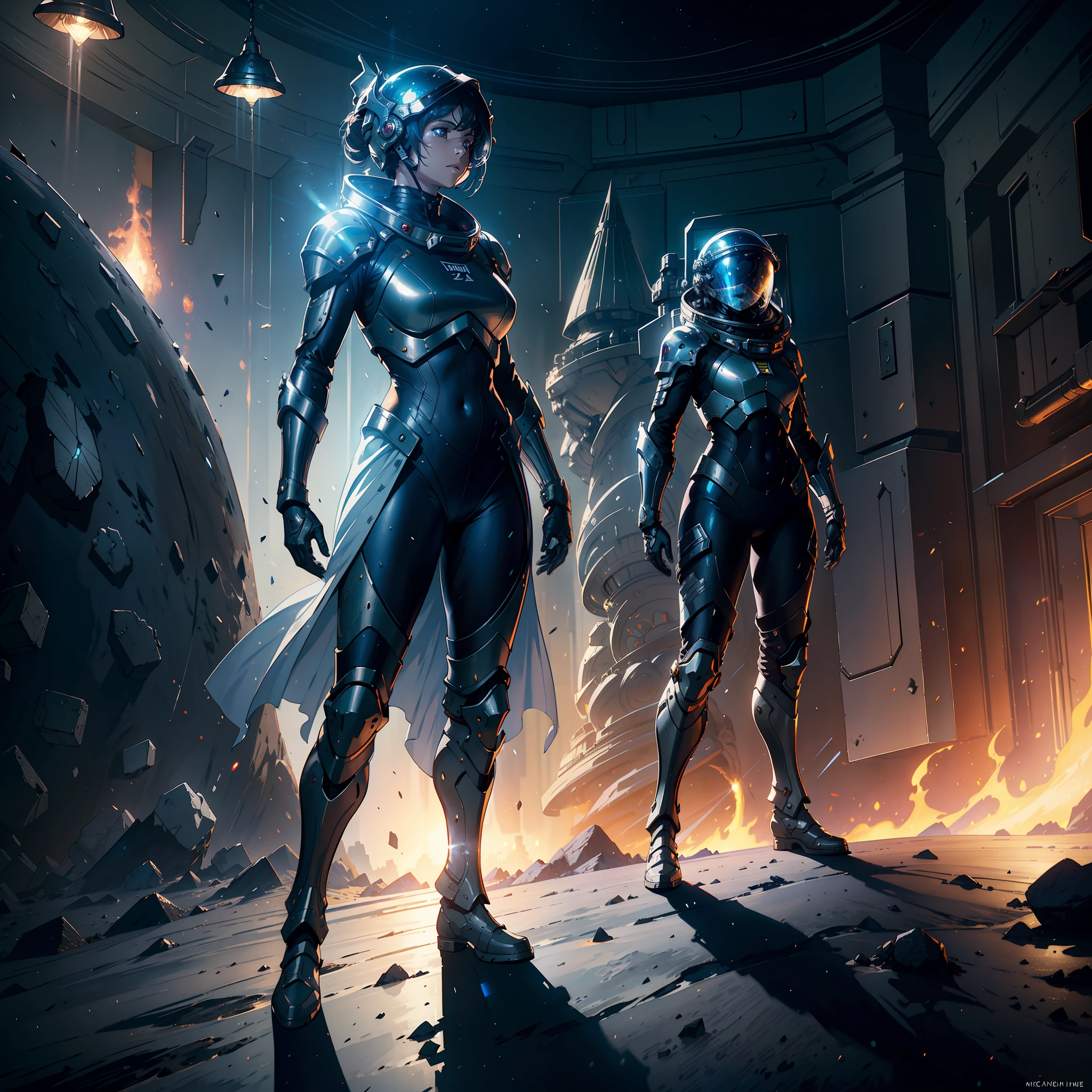 1 female astronaut in battle armor and helmet, standing on the moon. photorealistic art by michael komarck greg rutkowski gustave dore alphonse mucha global illumination ray tracing hdr render octane unreal engine 5 lumen reflections depth of field realistic 8k textures ultra high detail sharp trending at behance cgsociety deviantart masterpiece highly detailed intricate award winning dramatic lighting with watercolor painting an