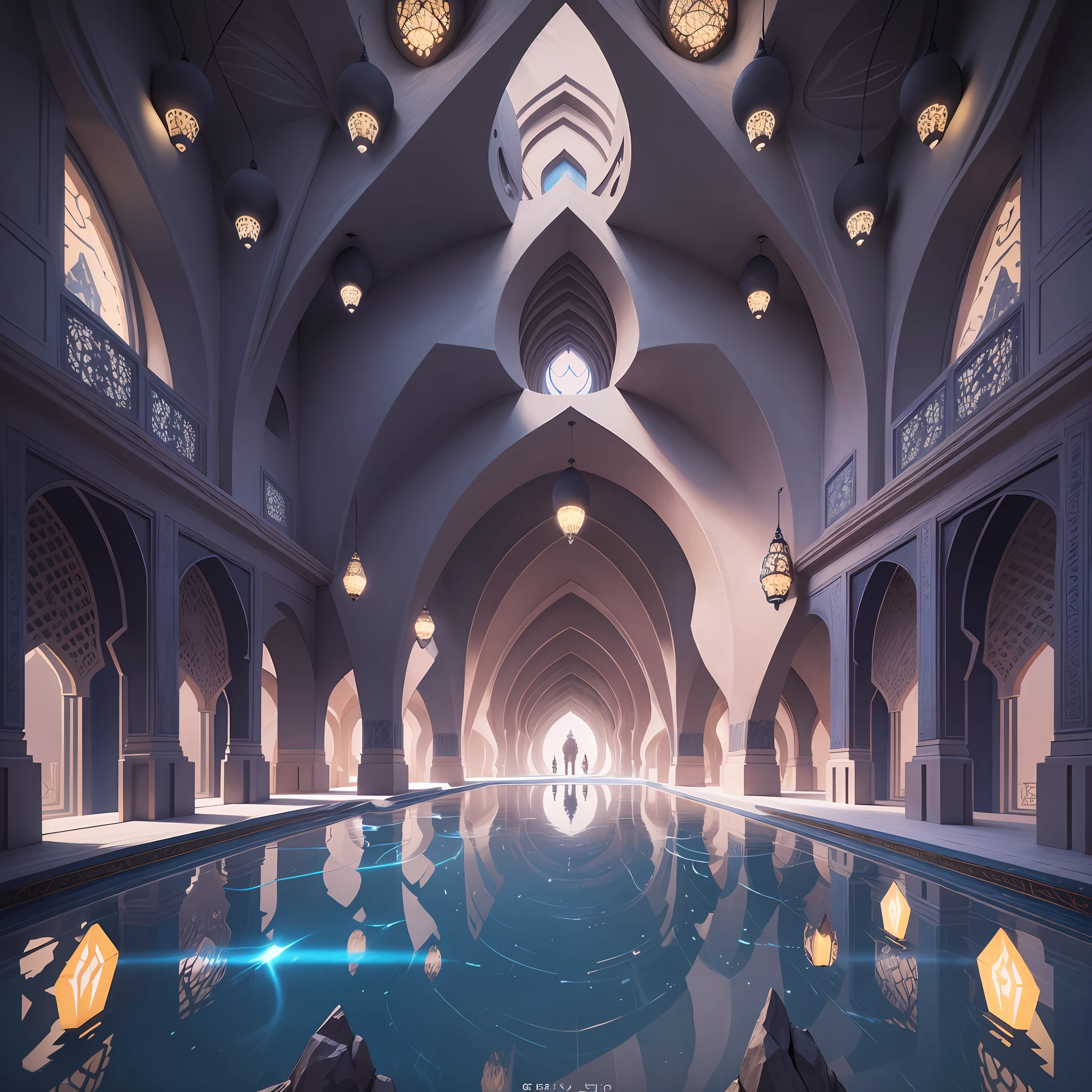 Futuristic Islamic architecture design of cave architecture concept art on desert oasis, islamic architecture, proportional,detailed, cave architecture nature meets futuristic architecture by Toyo Ito ,residential area, futuristic development, high rise balconies, full of rock and glass facades, residential spaces carved from cliff side ,trending on artstation, beautiful lighting,In the style of Arabic calligraphy masterpiece, fantasy, intricate, award winning, 4k, highest quality render --auto --s2
