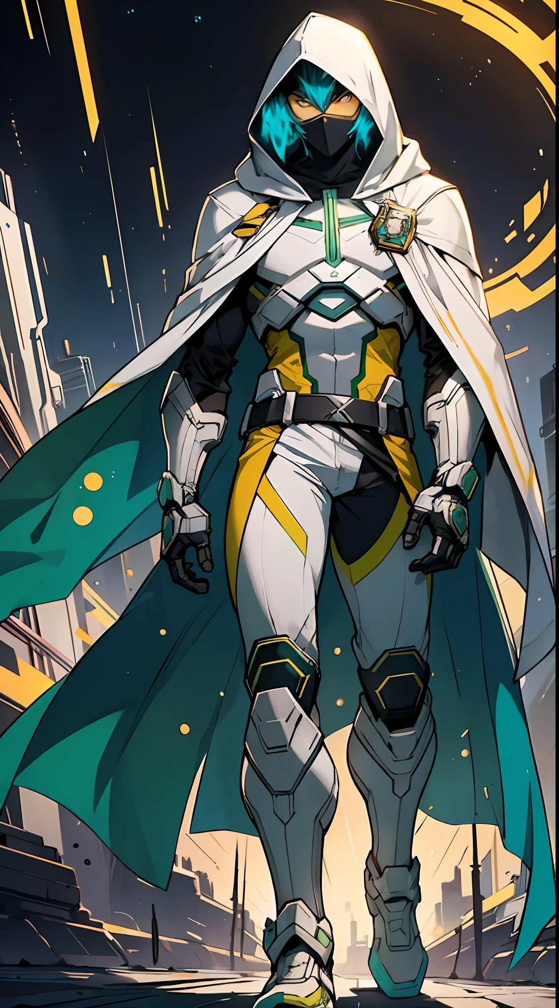 Draw a hero wearing a green and gold costume with futuristic details. The suit should look technological and advanced, with bright lines and cybernetic elements. The hero must wear a white hood that covers his head but leaves his face exposed, and a white cape that extends from his left shoulder to his left ankle, giving him an asymmetrical and dynamic look. The hood and cape should have an elegant and fluid appearance, suggesting movement even when the hero is stationary. Feel free to add any other details or accessories you see fit to enhance the futuristic aspect of the hero. Remember that the main emphasis is on the design of the costume, hood and cape, and your creativity is welcome to make the hero unique and impressive