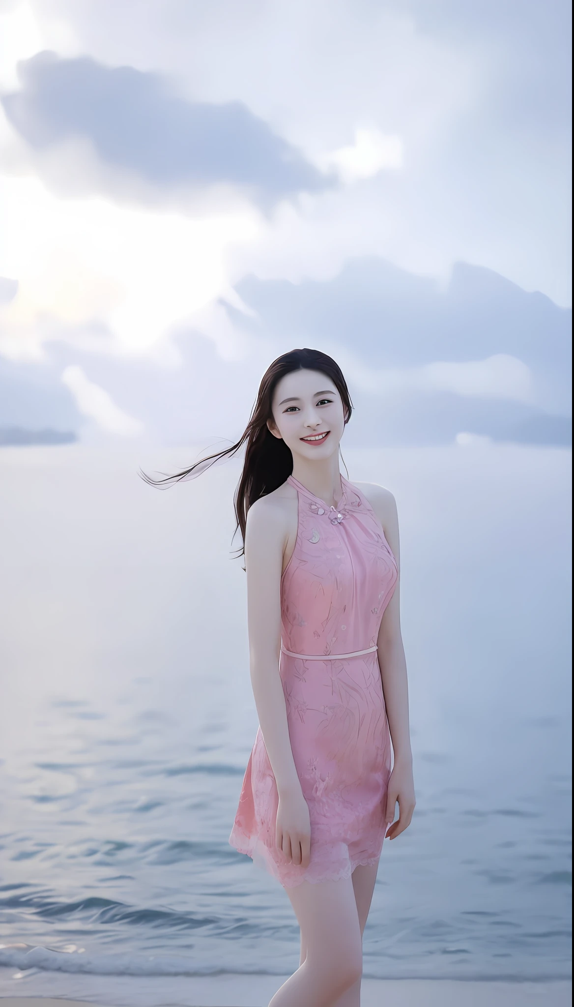 (Masterpiece), (Best Quality), (detailed), 1 girl, 22 years old, playful expression, big breasts, long hair, beautiful, natural, exposed, smiling, Alafid woman in pink dress standing on the beach, Shaxi, Sea Queen Mu Yanling, Ruan Jia beautiful! , cover photo portrait Du Juan, Li Zixin, inspired by Tang Yifen, Chen Xintong, Ye Wenfei, inspired by Xie Sun, by Mei Qing, inspired by Cheng Jiasui, inspired by Ma Yuanyu