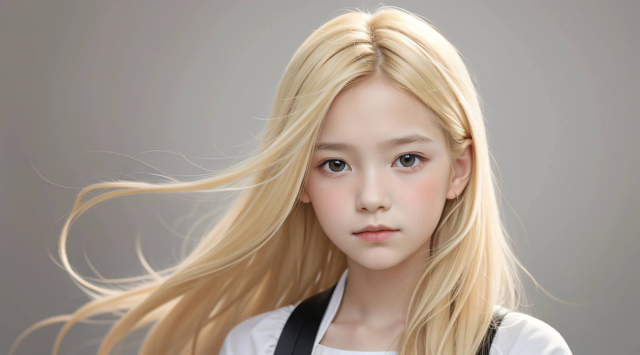 Masterpiece, best quality, realistic, 10 year old child girl with blonde hair, long hair, broad shoulders, small head, upper body, (white background: 1.3), closed mouth.