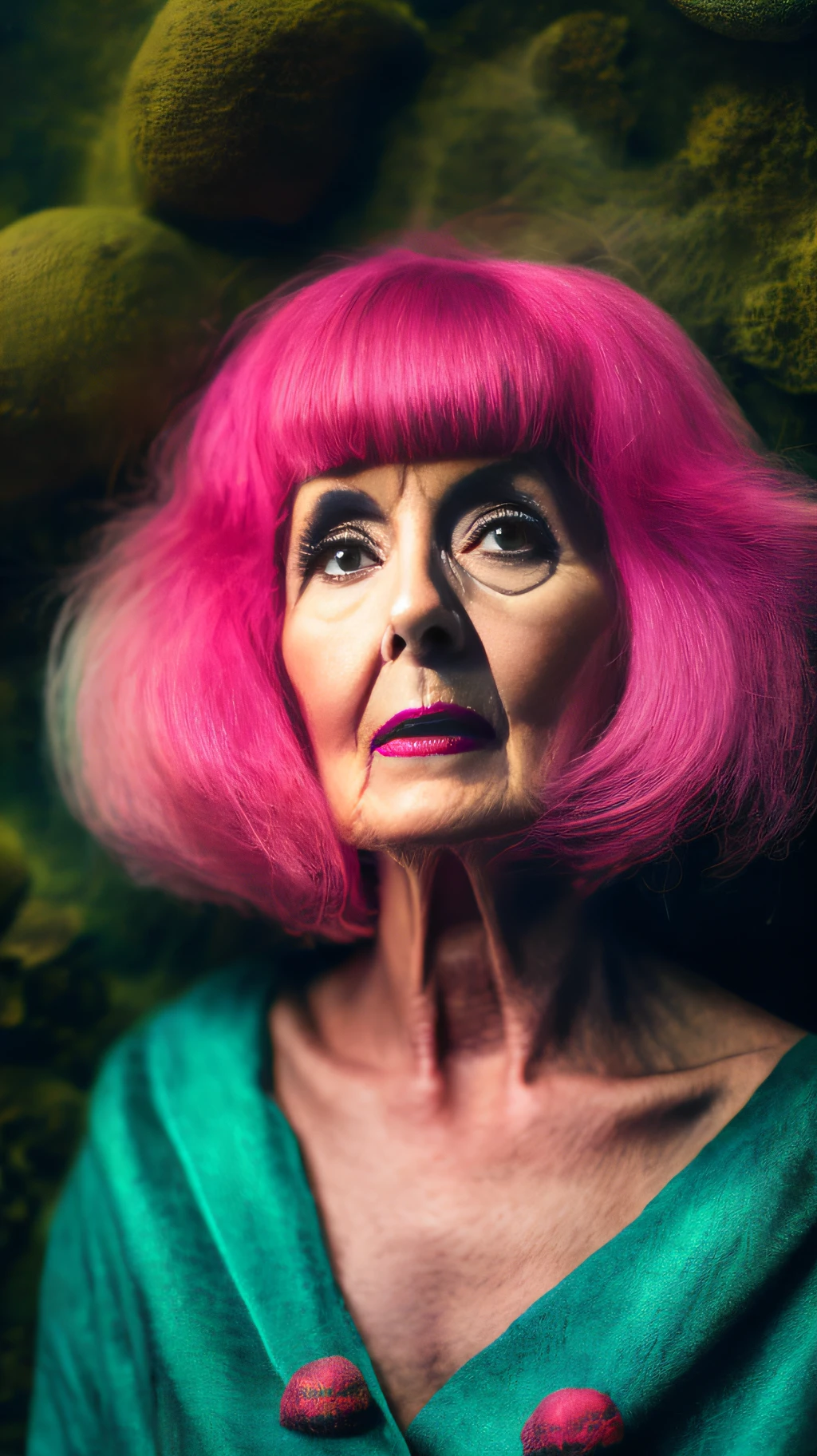 Wide angle, RAW photo, surreal image of an old woman in green coat and pink wig in front of a colorful wall with fungi, inspired by the From series, complex background, portrait of the mermaid queen, beautiful face, covered in fungi (highly detailed skin: 1.2), 8k uhd, dslr, soft lighting, high quality, film grain, photographed with a Canon EOS 5D camera