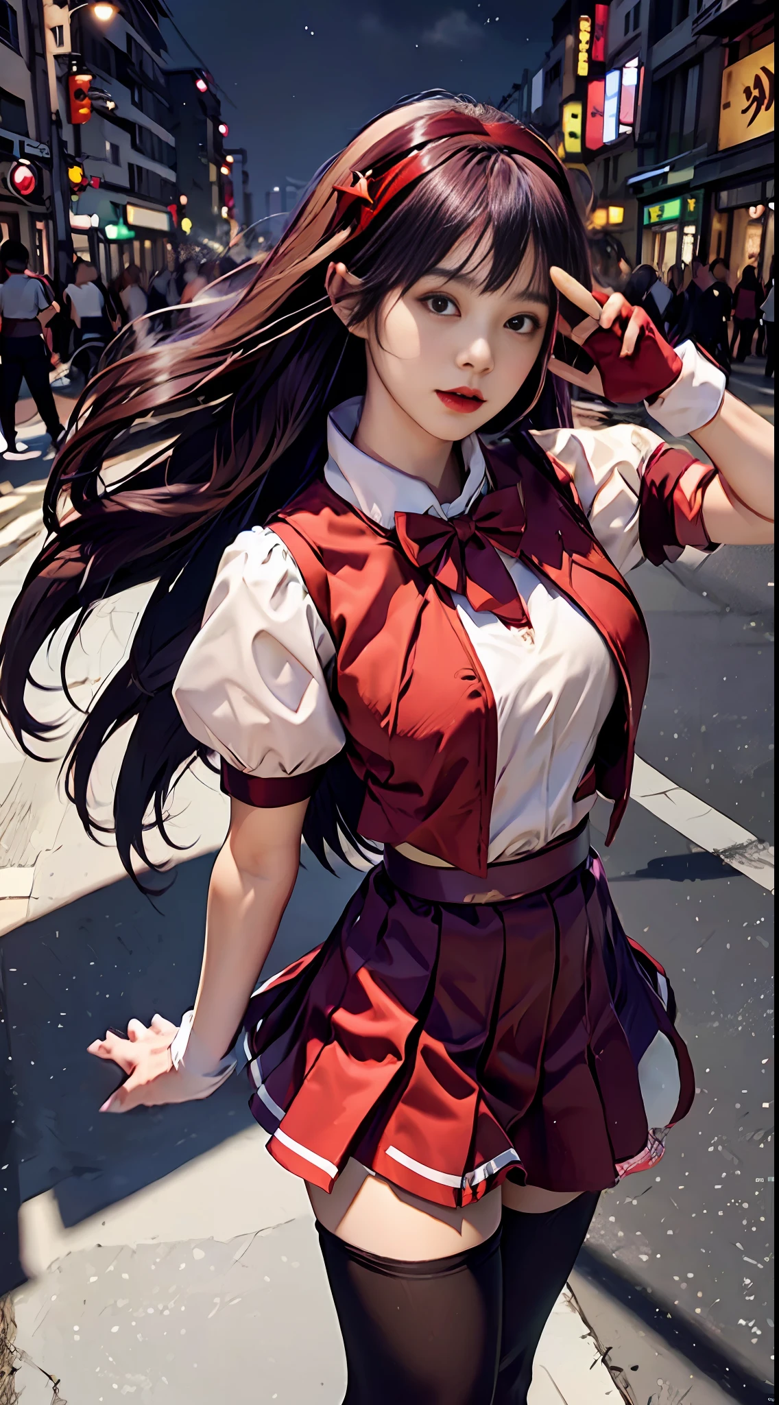 (8k, RAW photo, best quality, masterpiece: 1.2), (realistic, photo realistic: 1.37), super detailed, 1 girl, cute, solo, beautiful detailed sky, (large breasts:1.2) detailed Tokyo street, night, room, beautiful detail eyes, (collared shirt: 1.1), short sleeve skirt, red vest, bow tie, red pleated skirt, purple hair, black stockings, red headband, black pantyhose