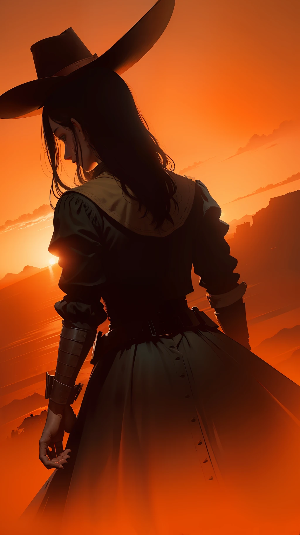 Wild West, five people with their backs to the horizon, Red Dead Remdeption, orange sky, hands, black silhouettes, top-down perspective