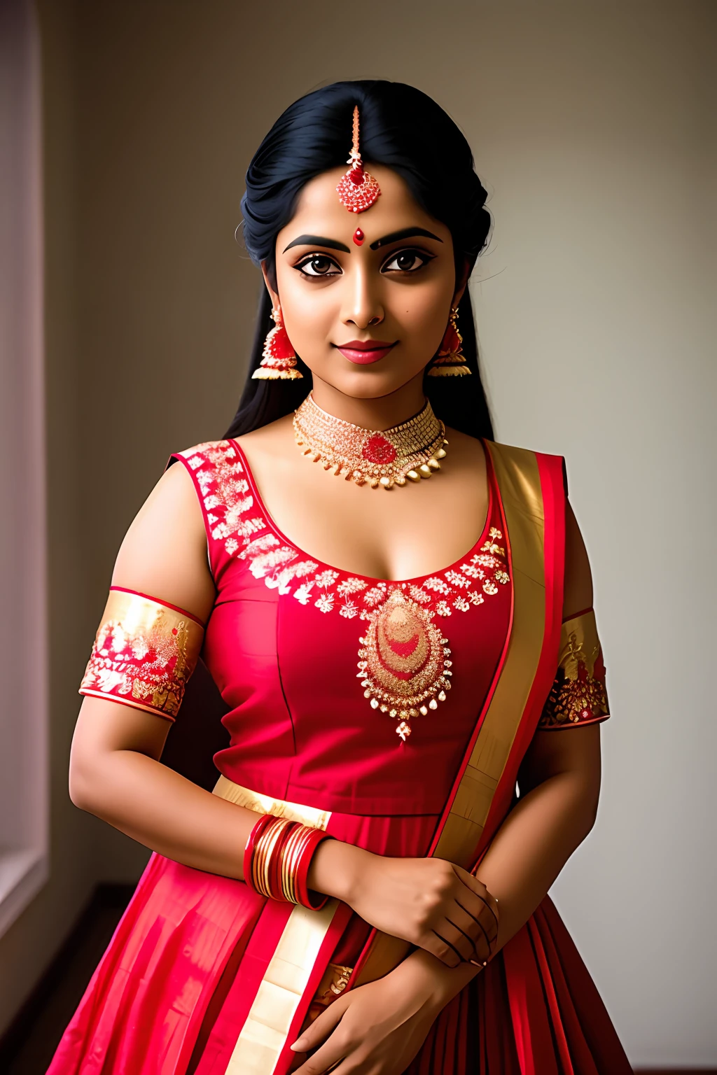 a beautiful indian bengali lady wearing a red and white churidar, try to rady for weeding, morning , realstic, shot on nikon, shot on 4k, high definition --v 5.2