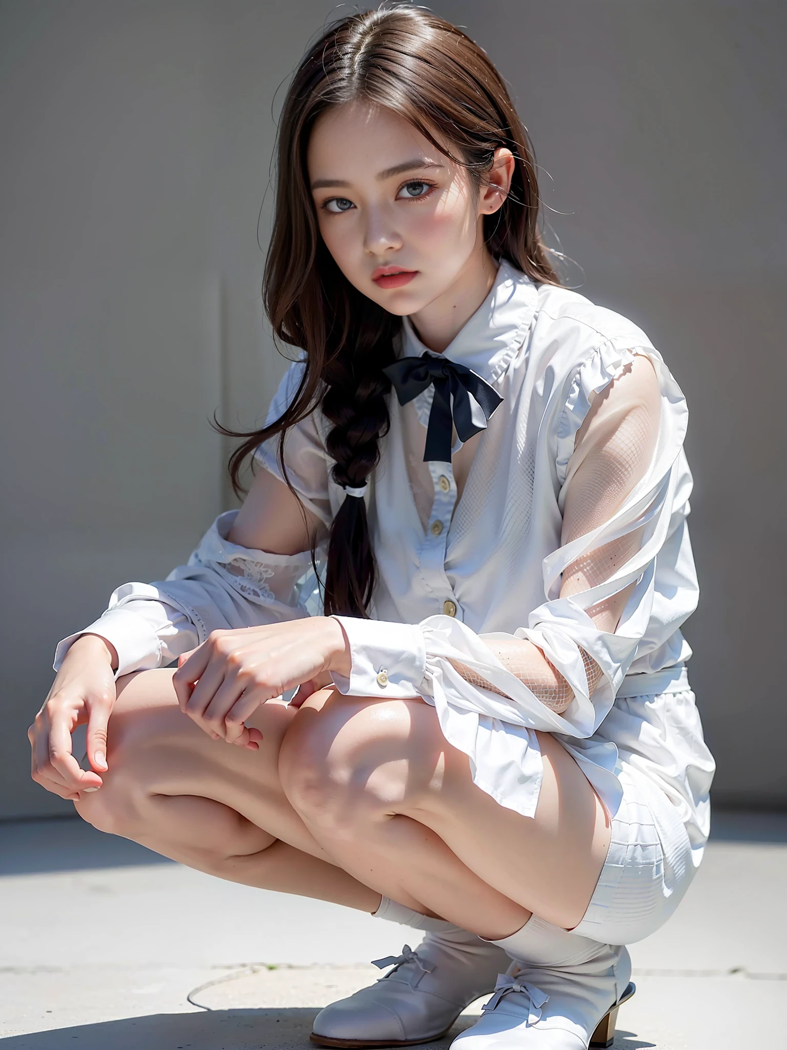 (Photoreal: 1.4), (Hyperrealistic: 1.4), (Realistic: 1.3), (Smooth Lighting: 1.05), (Improved Cinematic Lighting Quality: 0.9), 32K, 1 female, 24 year old female, Realistic lighting, Backlight, Face Lights, Ray Tracking, (Bright Light: 1.2), (Quality Improvement: 1.4), ( Top quality realistic textured skin: 1.4), fine detailed eyes, detailed face, fine quality eyes, dark brown eyes, (tired, sleepy and satisfied: 0.0), pale lighting, white background, blouse with white frills, bow tie, dark blue skirt, dark brown hair, braided part of the hair and tied with a small ribbon, squatting with knees, white silk ankle-length socks, pumps