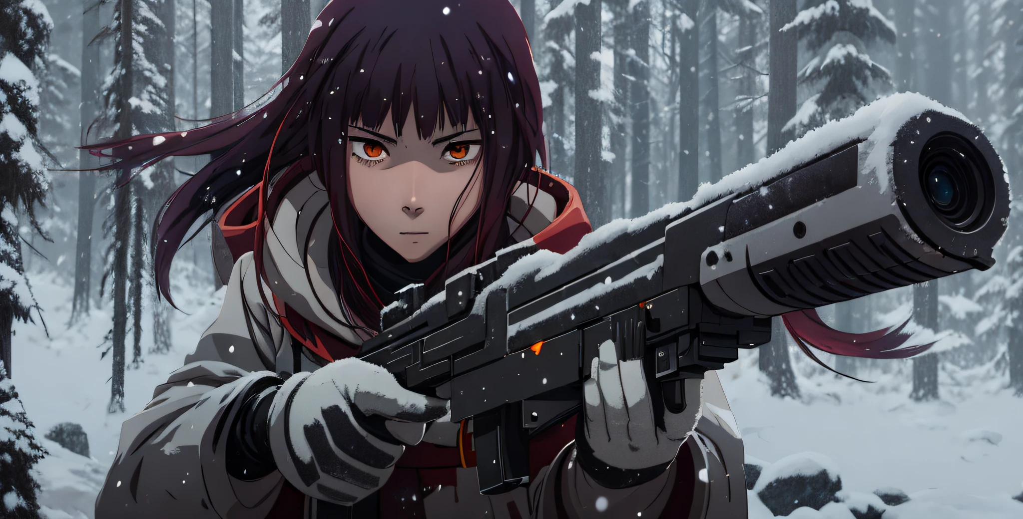 Anime character with gun and wearing cape, in Snowy Forest with falling snow, Alena Aenami and Artgerm, Art in the style of Guweiz, Artgerm Craig Mullins, Badass Anime 8 K, FanArt Best Artstation, Wlop and Krenz Cushart, Artgerm and Atey Ghailan, Artgerm in Artstation Pixiv