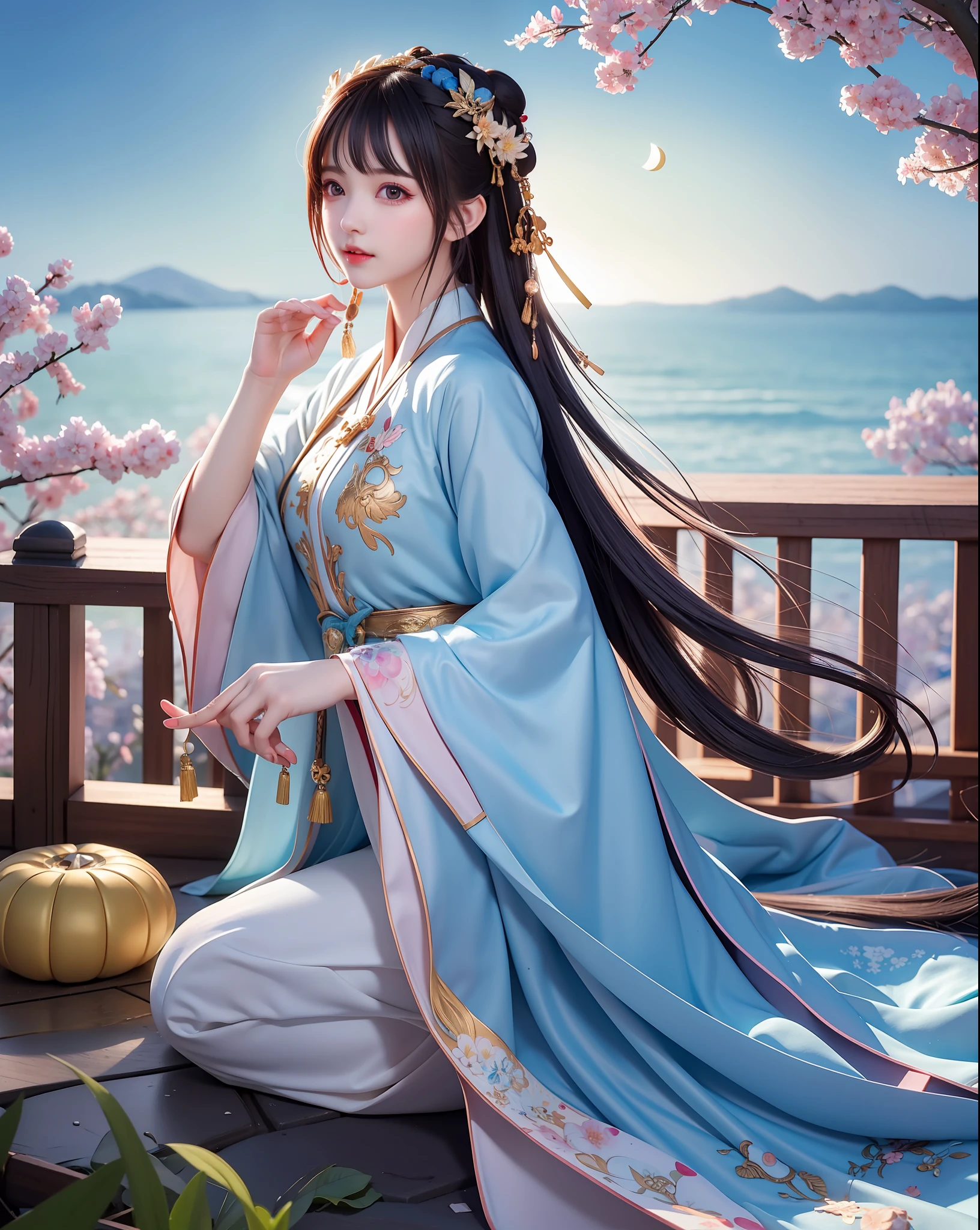 (8k, RAW photo:1.2), best quality, ultra high res,dramatic angle,(fluttered detailed color splashs), (illustration),(((1 girl))),(long hair),(rain:0.9), (头饰:1.4),少女身边有一座古宫,汉服,(重点),彩色水墨画,(泼彩),泼彩,(((colorful))),(素描:0.8) , Masterpiece, best quality, beautiful painted, highly detailed,(denoising:0.6),[splash ink],((ink refraction)), (beautiful detailed sky),moon,highly,detaild,(masterpiece, best quality, extremely detailed） CG unity 8k壁纸，杰作，最好的质量，超详细），（石蒜），