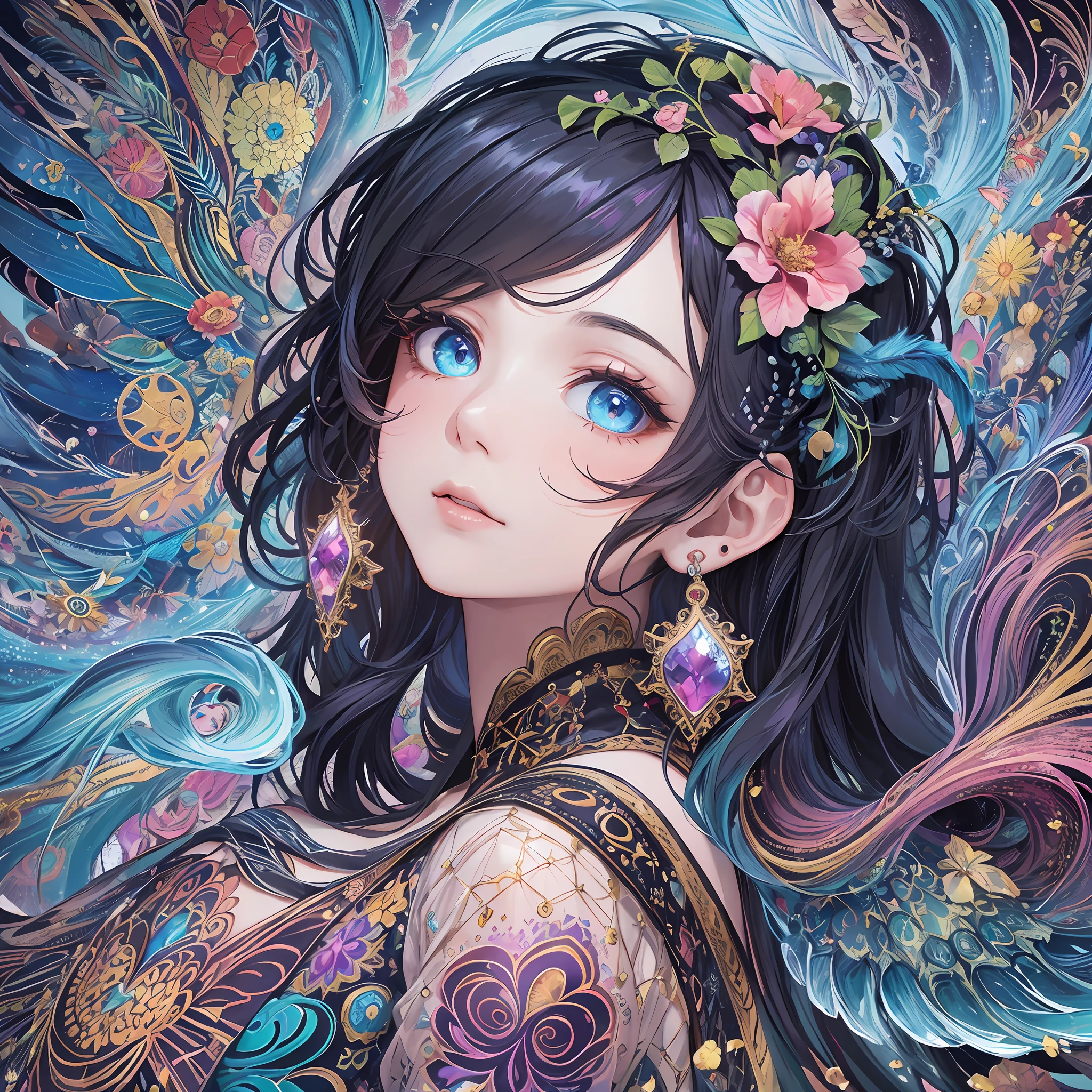 (Masterpiece, Top Quality, Best Quality, Official Art, Beautiful and Aesthetic: 1.2), (1 Girl: 1.3), Very Detailed, Black (Fractal Art: 1.1), (Colorful: 1.1) (Flower: 1.3), Supreme Detail, (Zentangle: 1.2), (Dynamic Pose), (Abstract Background: 1.3), (Glossy Skin), (Many Colors: 1.4), (Earrings), (Feathers: 1.5), ( Water flow: 1.3), jewels, long hair, wrapped in light, vivid background, phoenix dress, vivid eyes