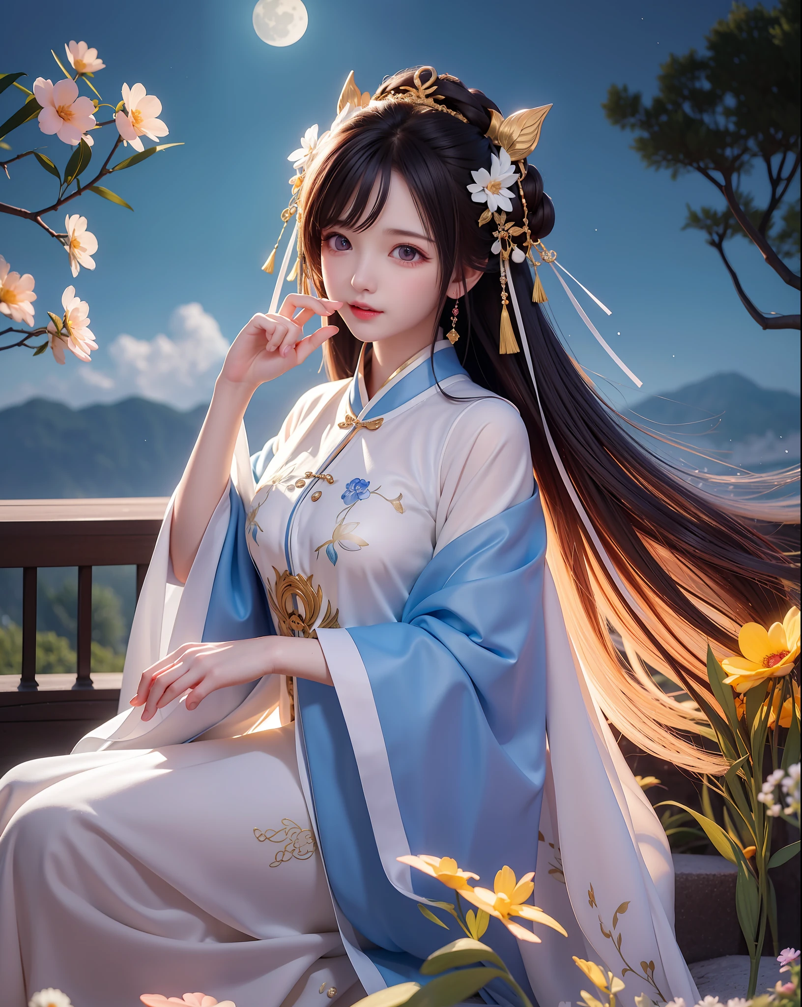 (8k, RAW photo:1.2), best quality, ultra high res,dramatic angle,(fluttered detailed color splashs), (illustration),(((1 girl))),(long hair),(rain:0.9), (头饰:1.4),少女身边有一座古宫,汉服,(重点),彩色水墨画,(泼彩),泼彩,(((colorful))),(素描:0.8) , Masterpiece, best quality, beautiful painted, highly detailed,(denoising:0.6),[splash ink],((ink refraction)), (beautiful detailed sky),moon,highly,detaild,(masterpiece, best quality, extremely detailed） CG unity 8k壁纸，杰作，最好的质量，超详细），（石蒜），