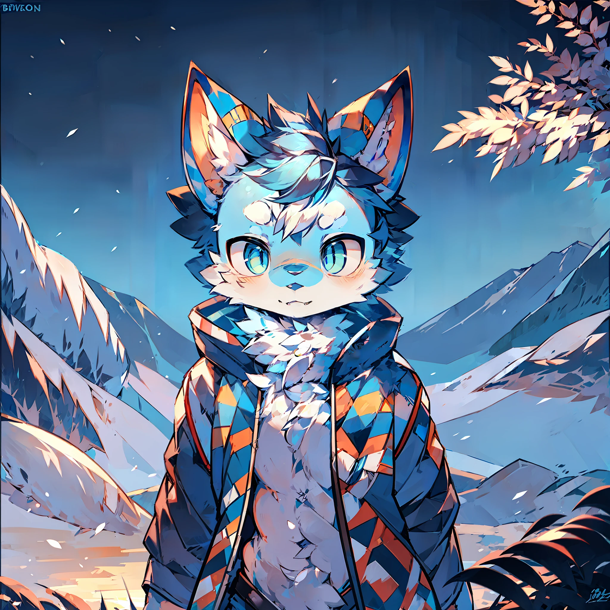 furry male blue white pattern blue pupil fox bright pupil standing wearing blue cotton jacket snow mountain sunset